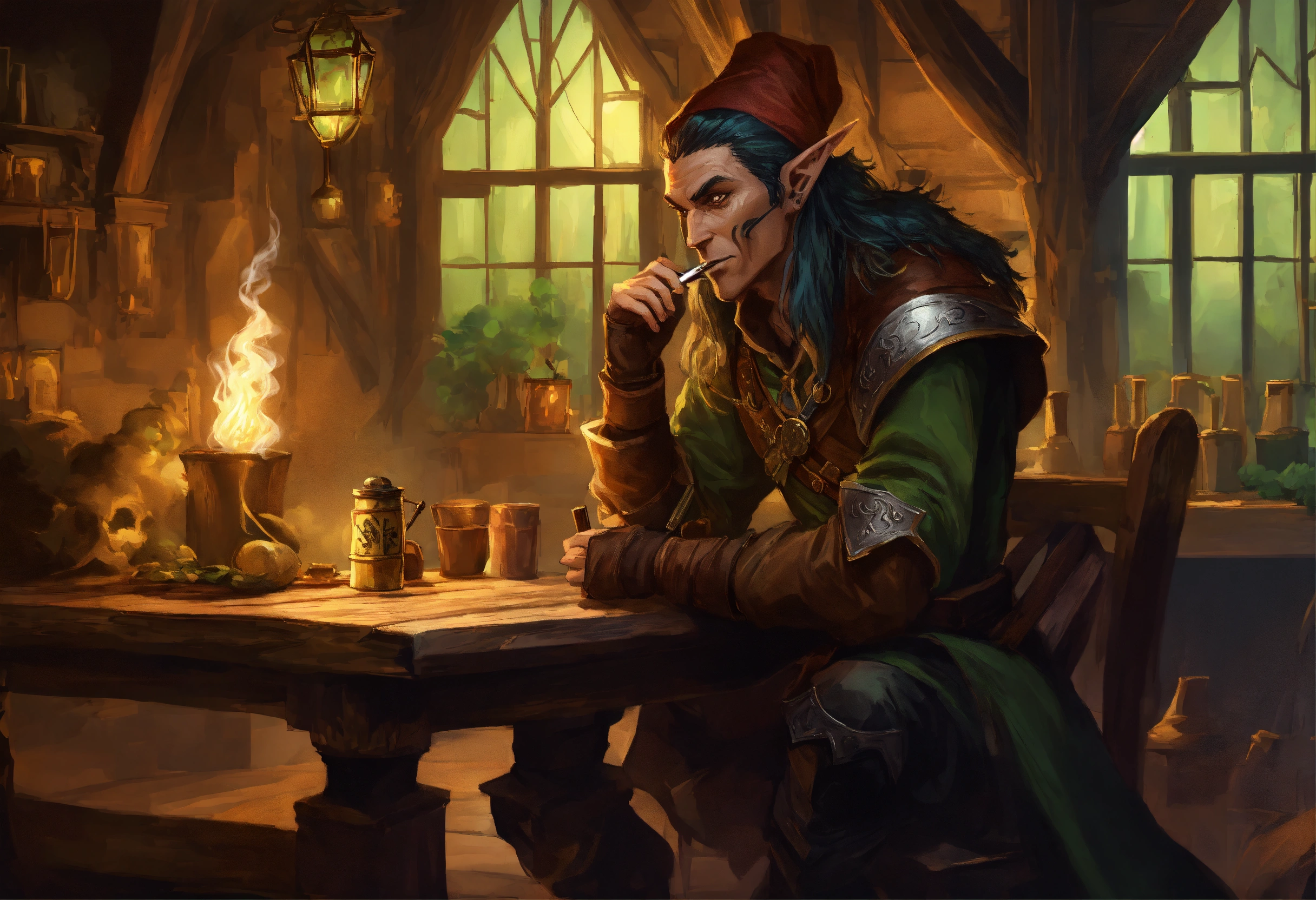 Lexica Fantasy Tavern With A Sinister Looking Wood Elf Rogue Sitting