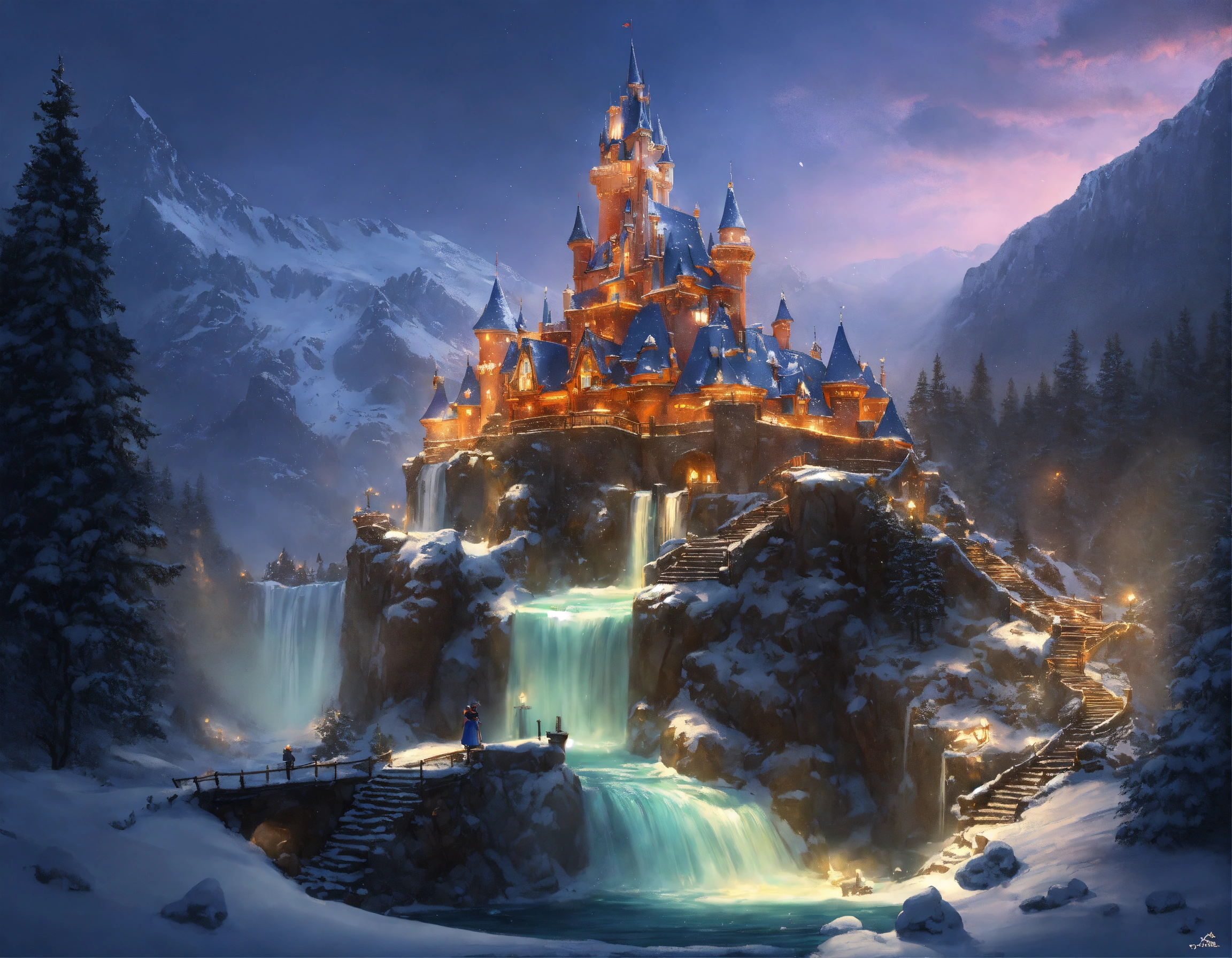 Lexica Mountain Castle Disneyland On Top Of A Waterfall In The Snow