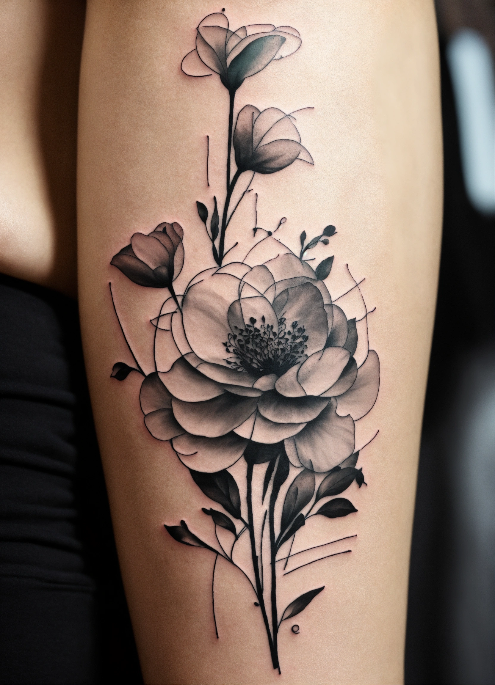 Lexica Tattoo Dali Paris Noir Gris Lignes Minimaliste Courbes Fleurs