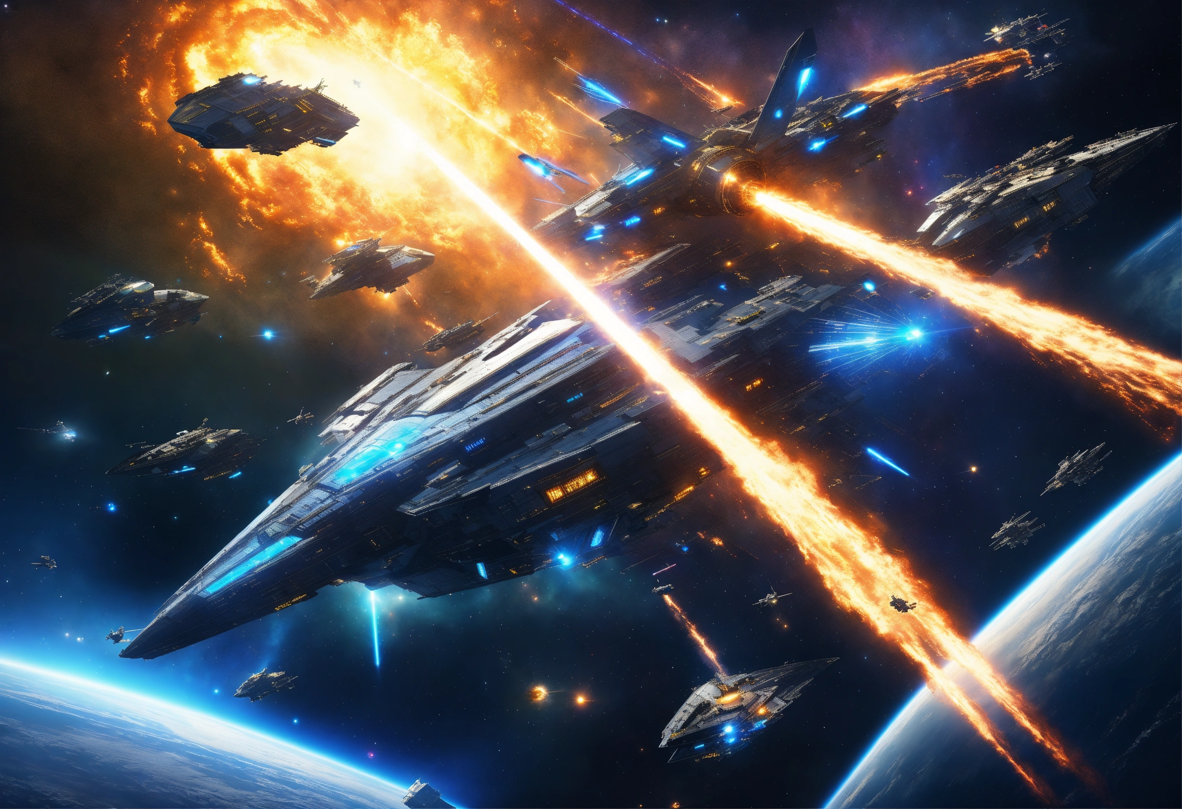 Lexica Epic Gigantic Blue Golden And Blue Silber Spaceships Fighting