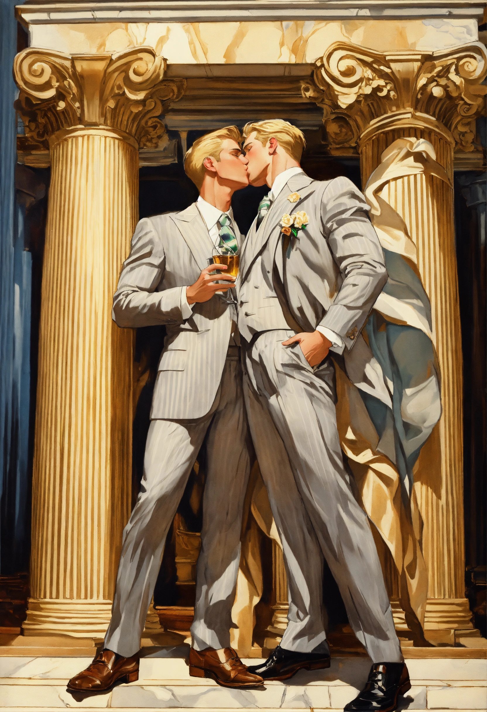 Lexica Two Blonde Muscled Gentlemen In Light Grey Pinstripe Suit