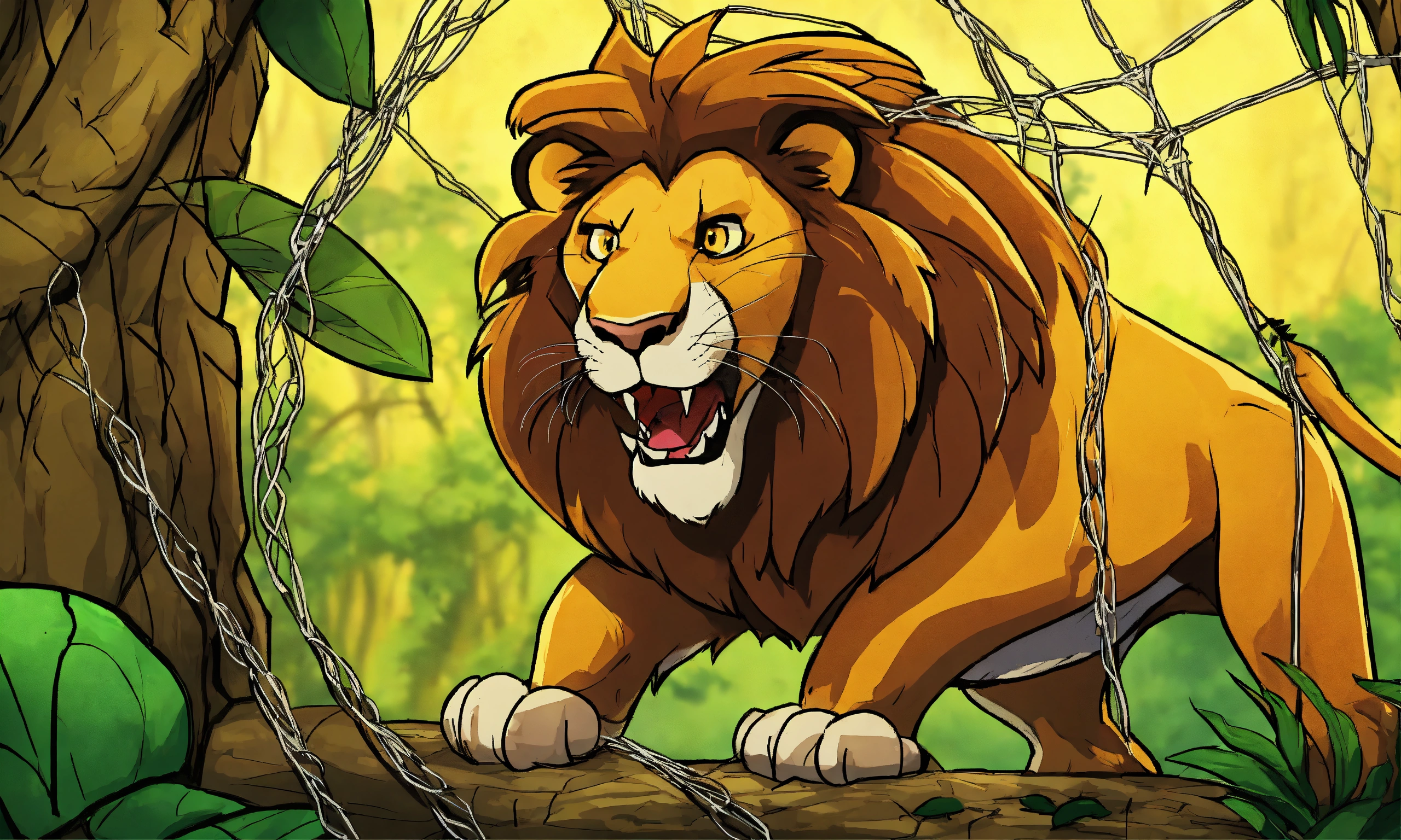 Lexica Cartoon In A Jungle Big Lion Was Captured And Trapped In A Net