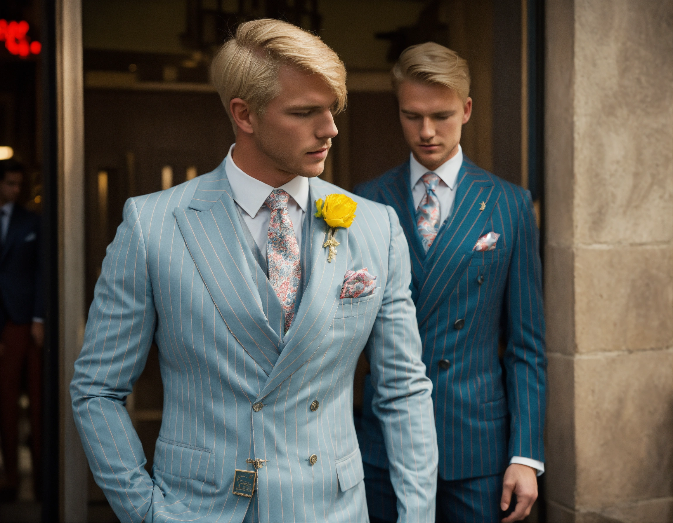 Lexica Two Blonde Male Gentlemen In Pale Blue Pinstripe Suit Club