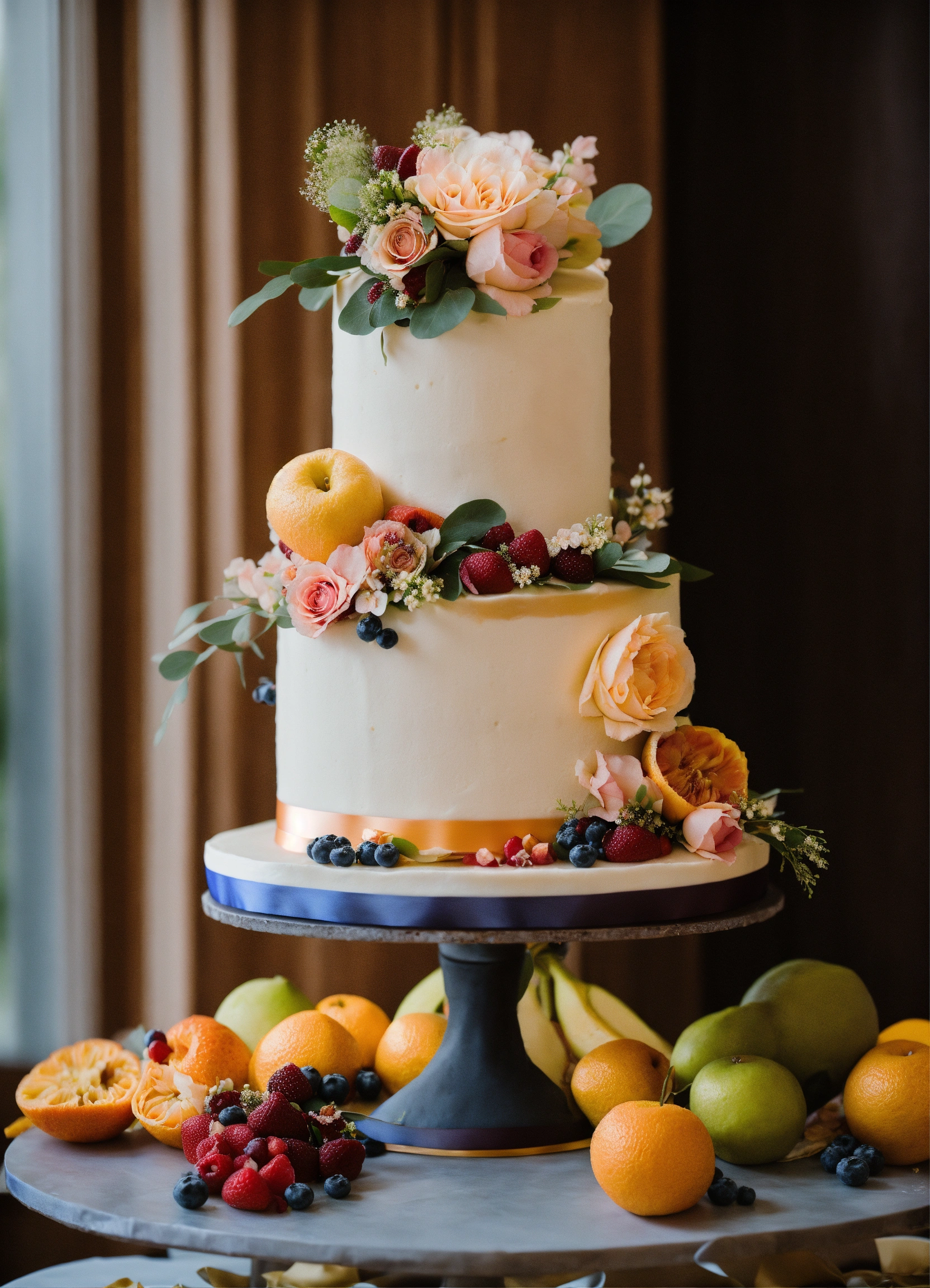 Lexica Romantic And Modern Wedding Cake With Ribbons Fruits And Flowers