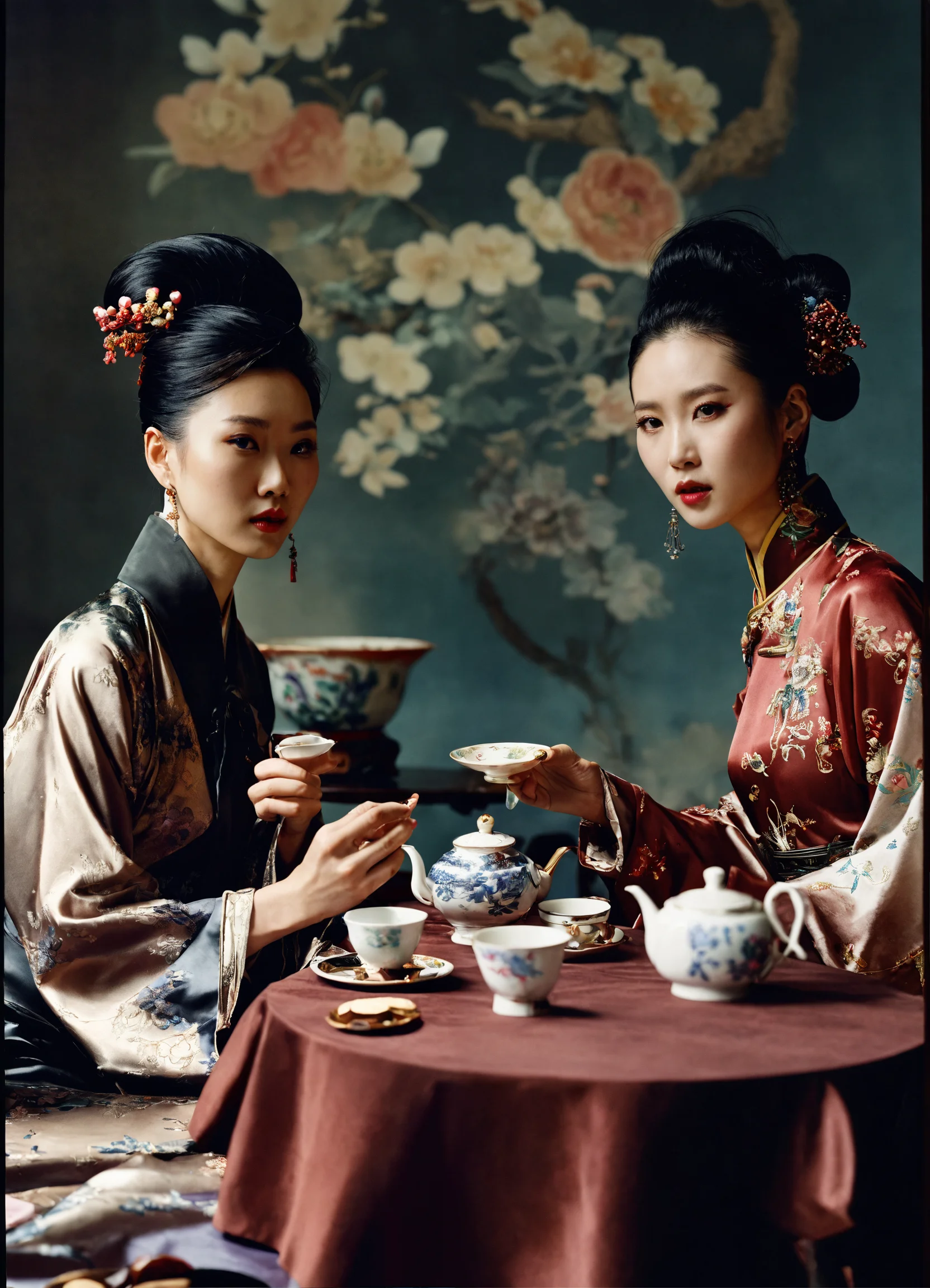 Lexica Three Chinese Fashion Women Sat Around The Table Having A Tea