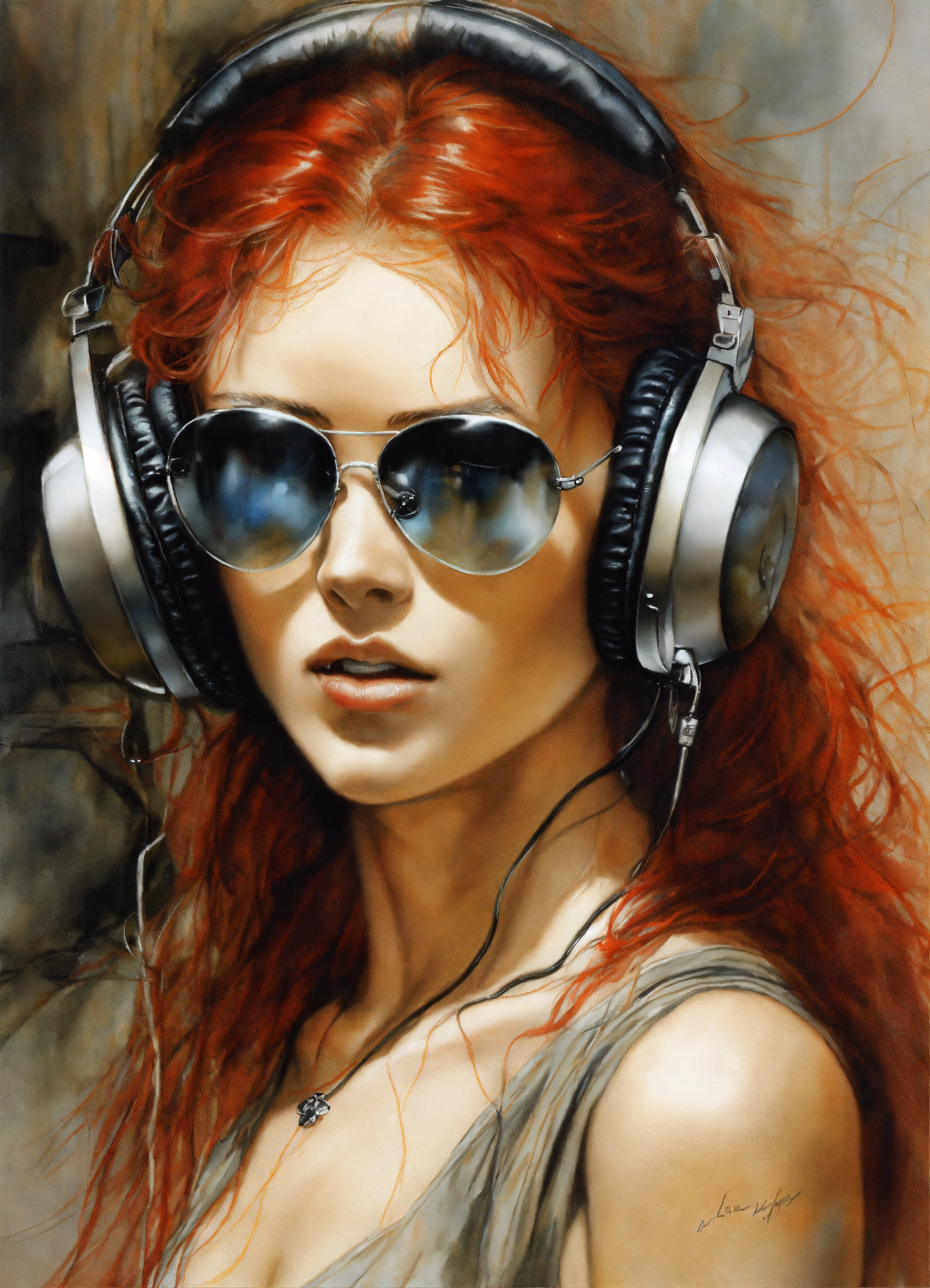 Lexica Red Hair Woman With Big Headphones And Aviators Luis Royo