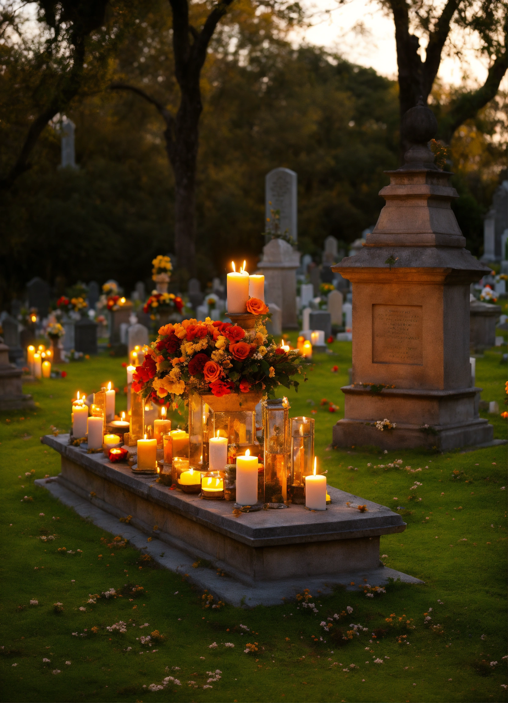 Lexica Cementerio otoñal lleno de antiguas tumbas flores y velas