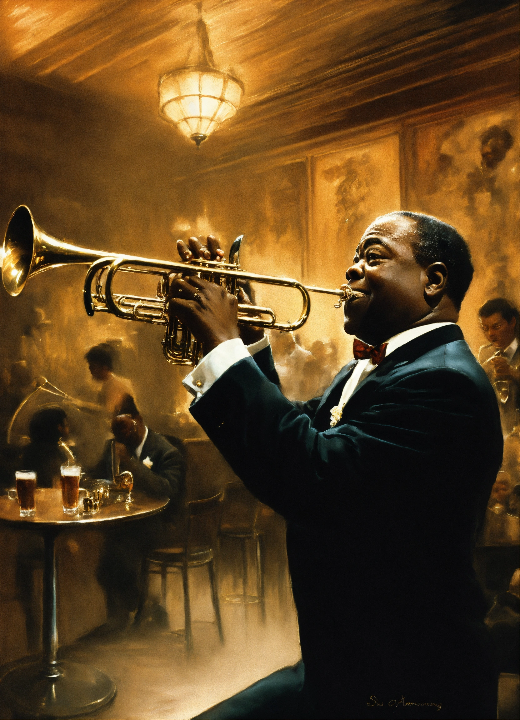 Lexica Louis Armstrong Playing Trumpet In The Background Of A Bar In