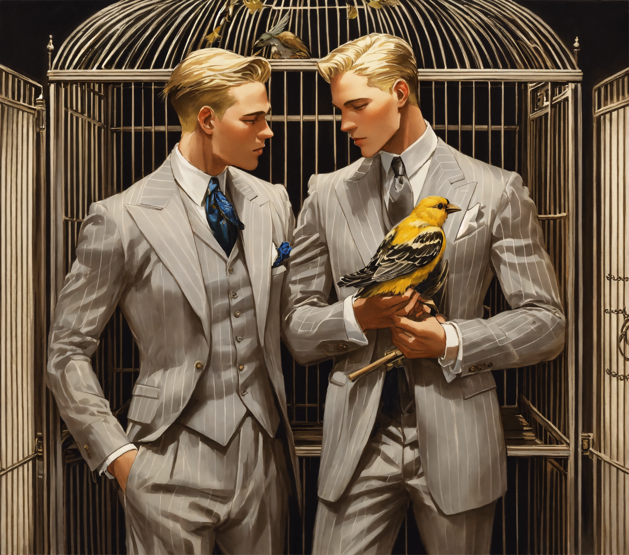 Lexica Two Blonde Male Gentlemen In Light Grey Pinstripe Suit Silver