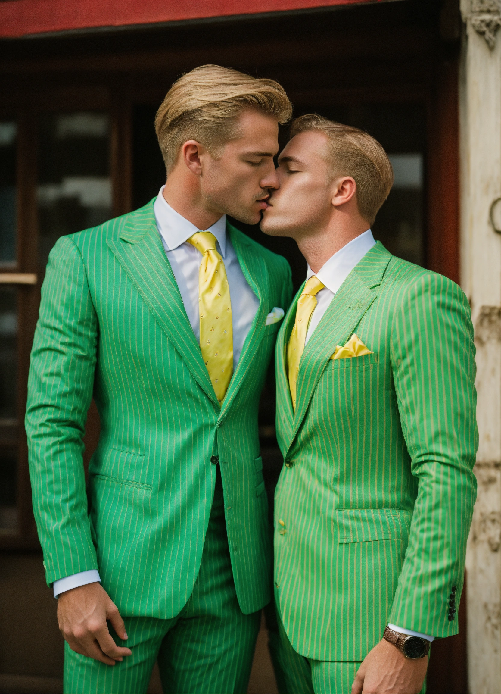 Lexica Two Blonde Businessmen In Pale Green And Yellow Pinstripe