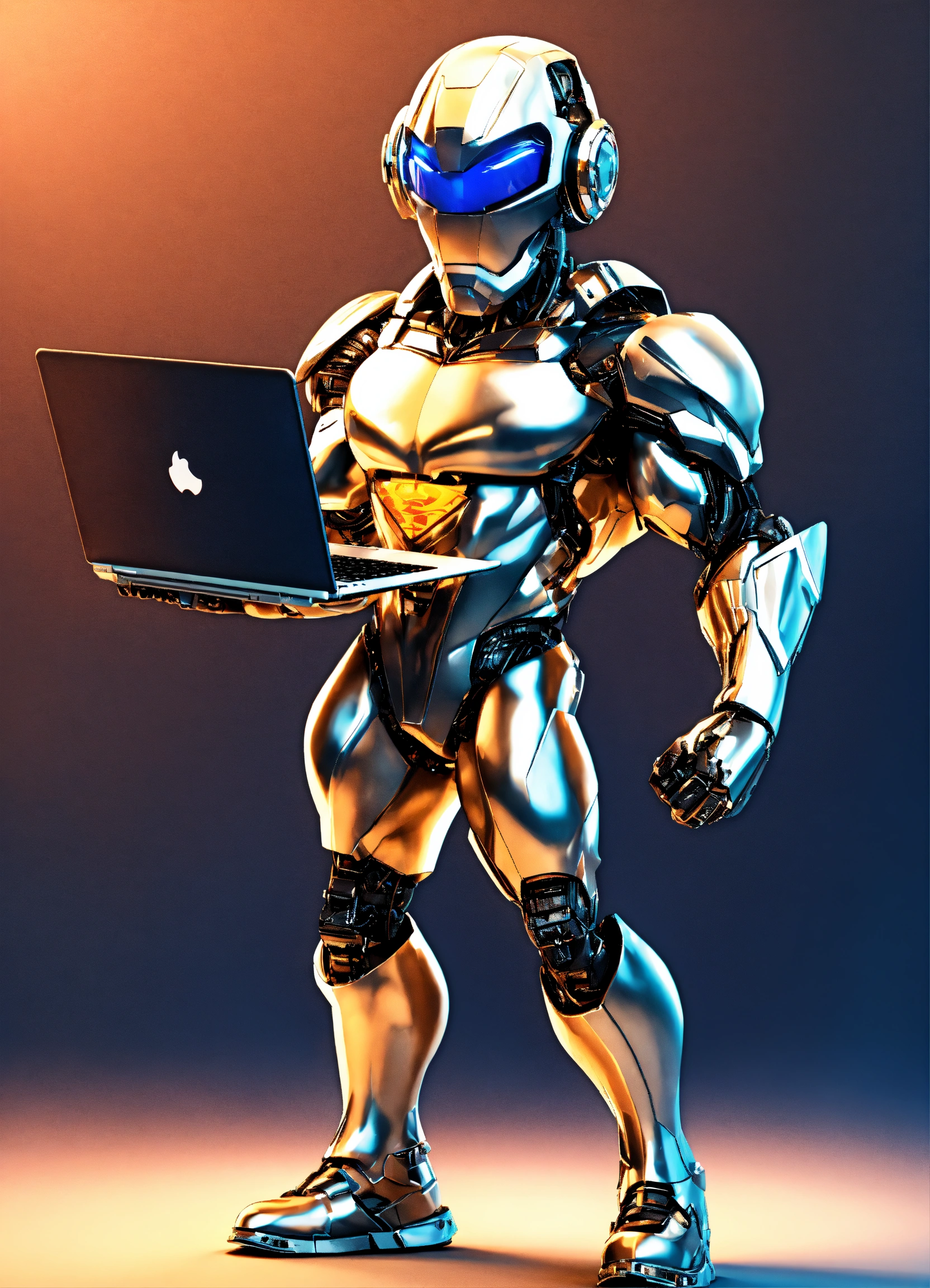 Lexica Superhero Cyborg Mascot 3d Full Body Hold Laptop Screaming