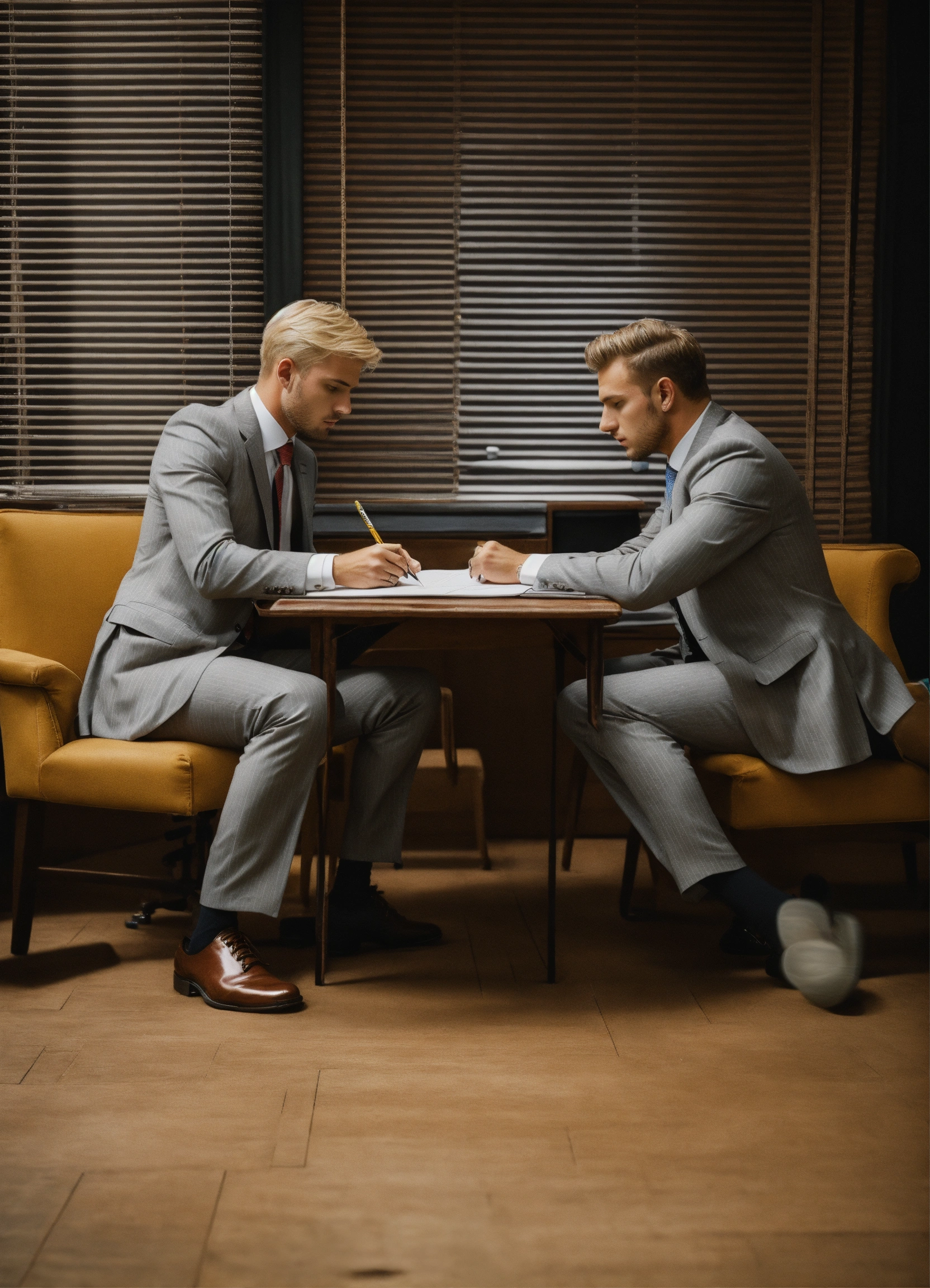 Lexica Two Blonde Businessmen In Tennis Stripe Light Grey Vested Suit