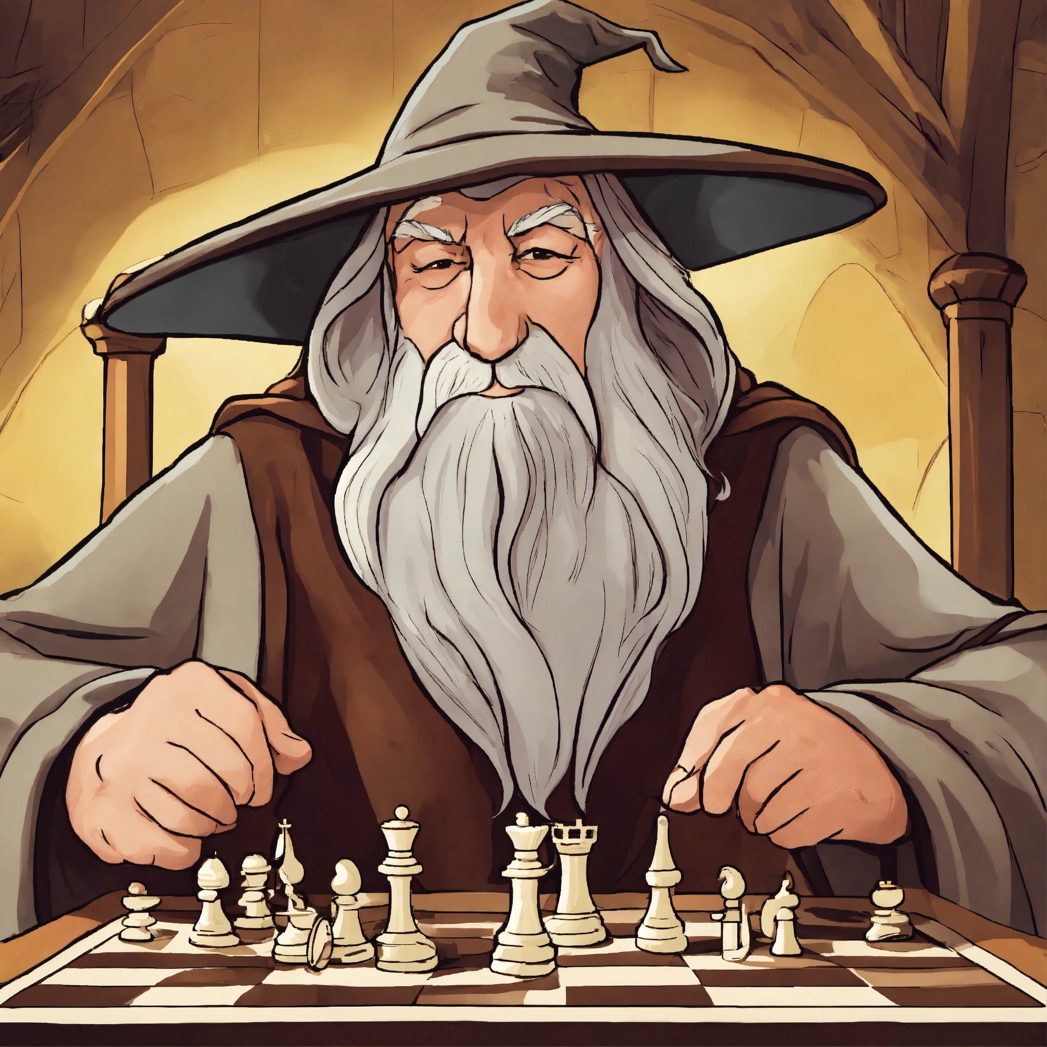 Lexica Gandalf Playing Chess Cartoon Style