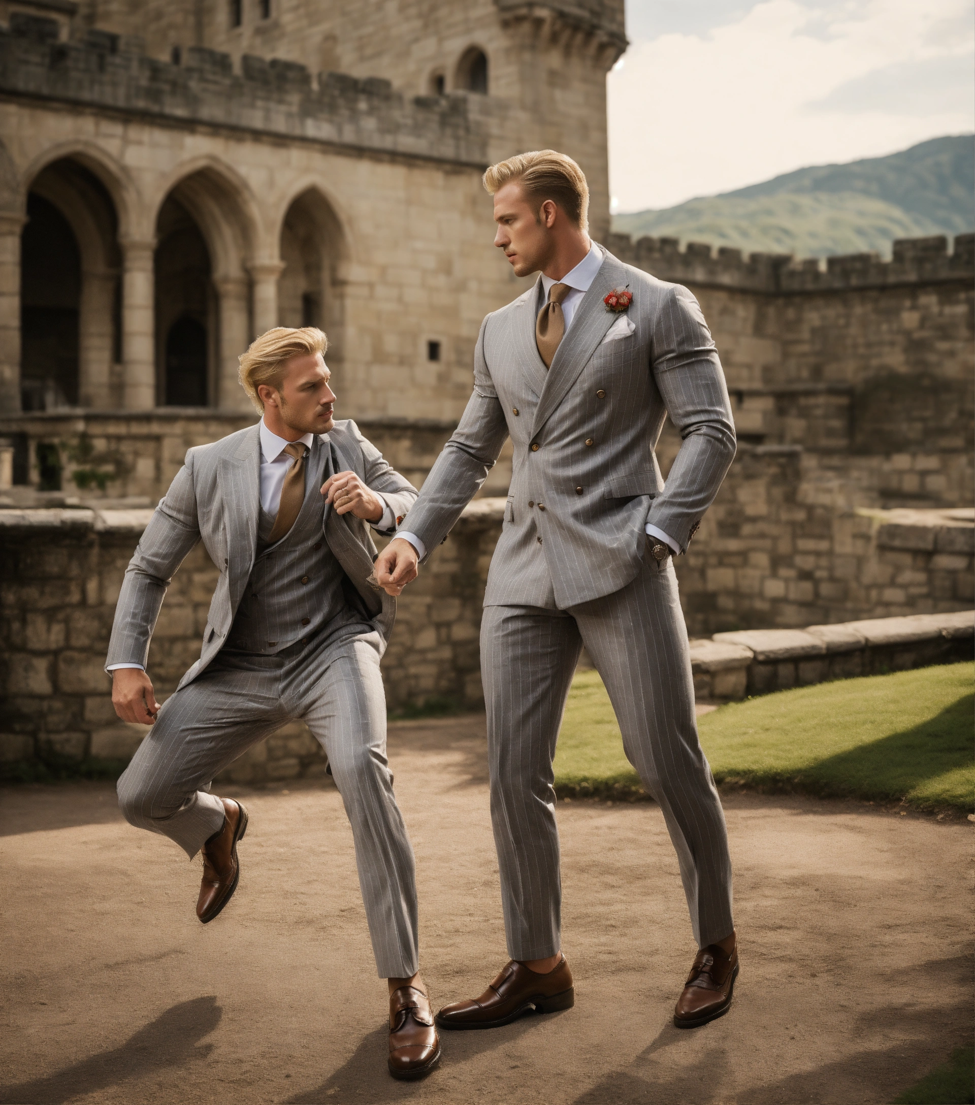 Lexica Two Blonde Muscled Gentlemen In Light Grey Pinstripe Double