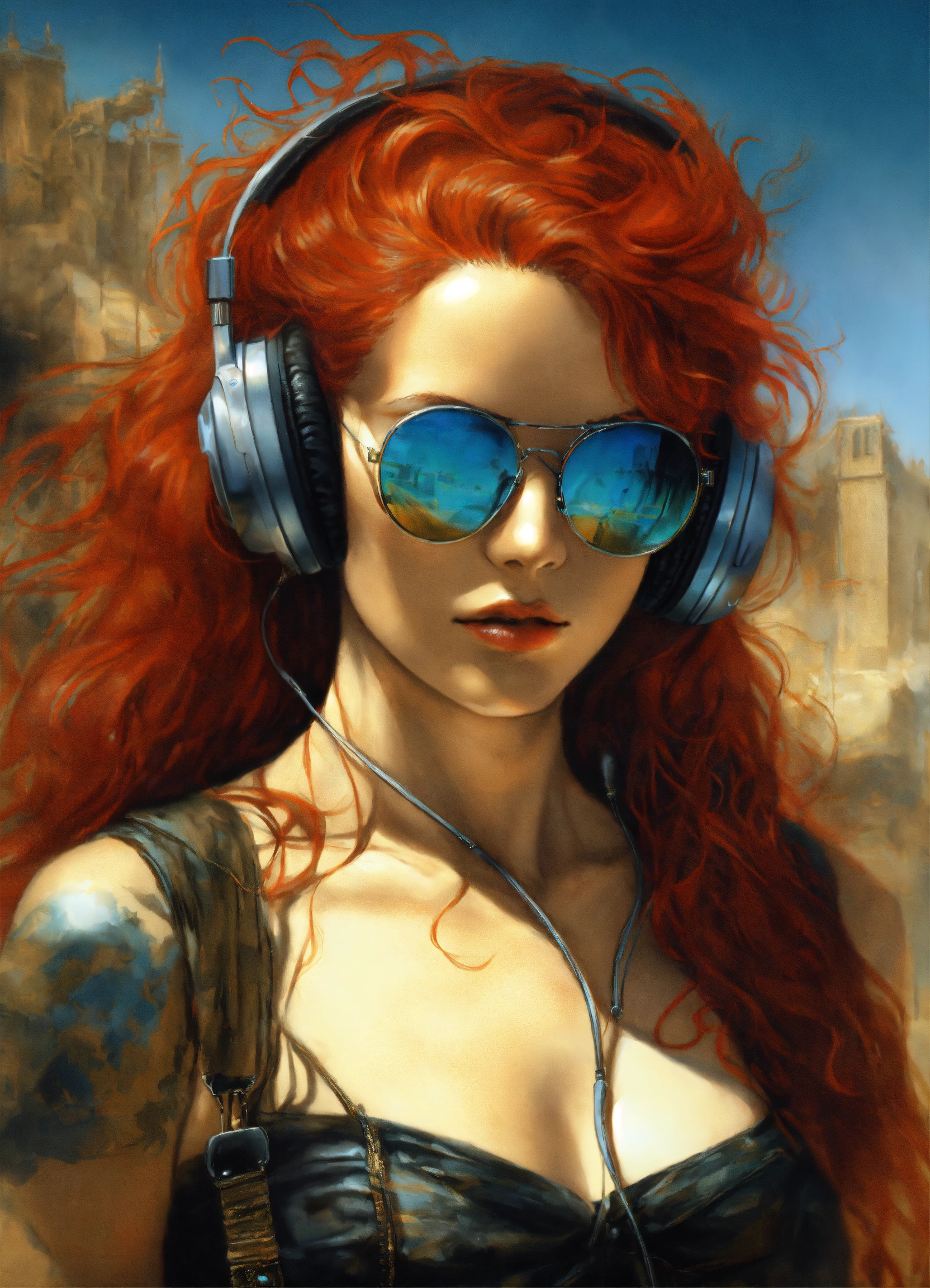 Lexica Red Haired Woman With Big Sunglasses And Music Headphones Luis