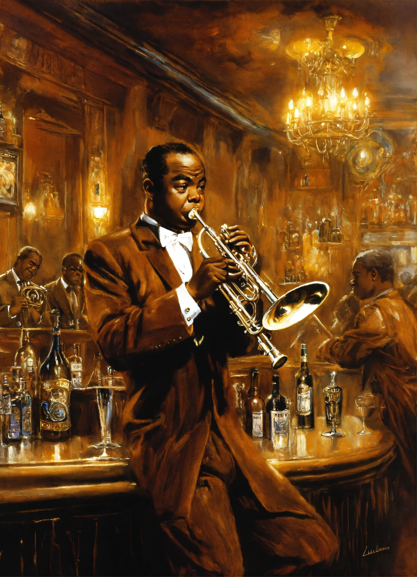 Lexica Louis Armstrong Playing Trumpet In The Background Of A Bar In