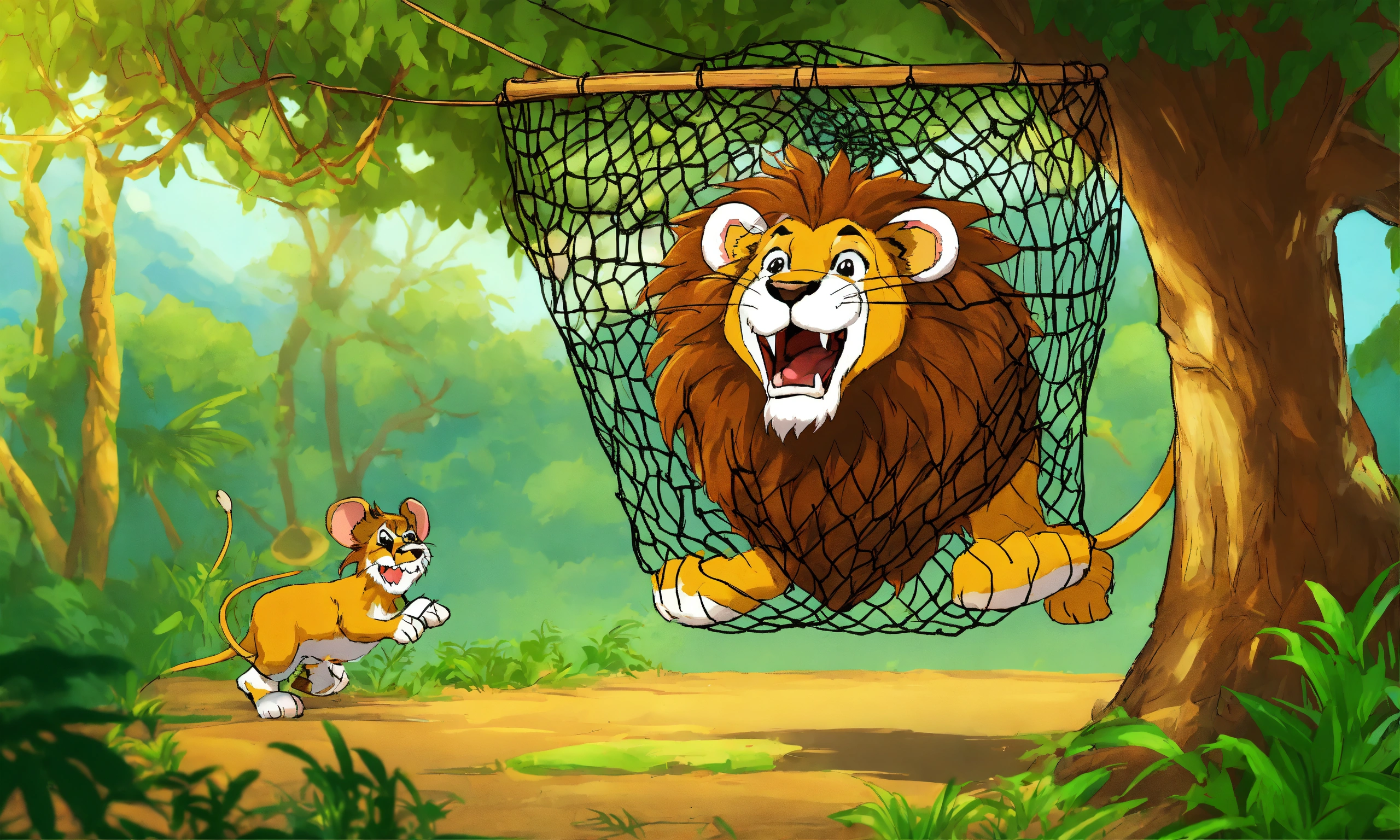 Lexica Cartoon Big Lion Was Captured And Trapped In A Net And Hang To