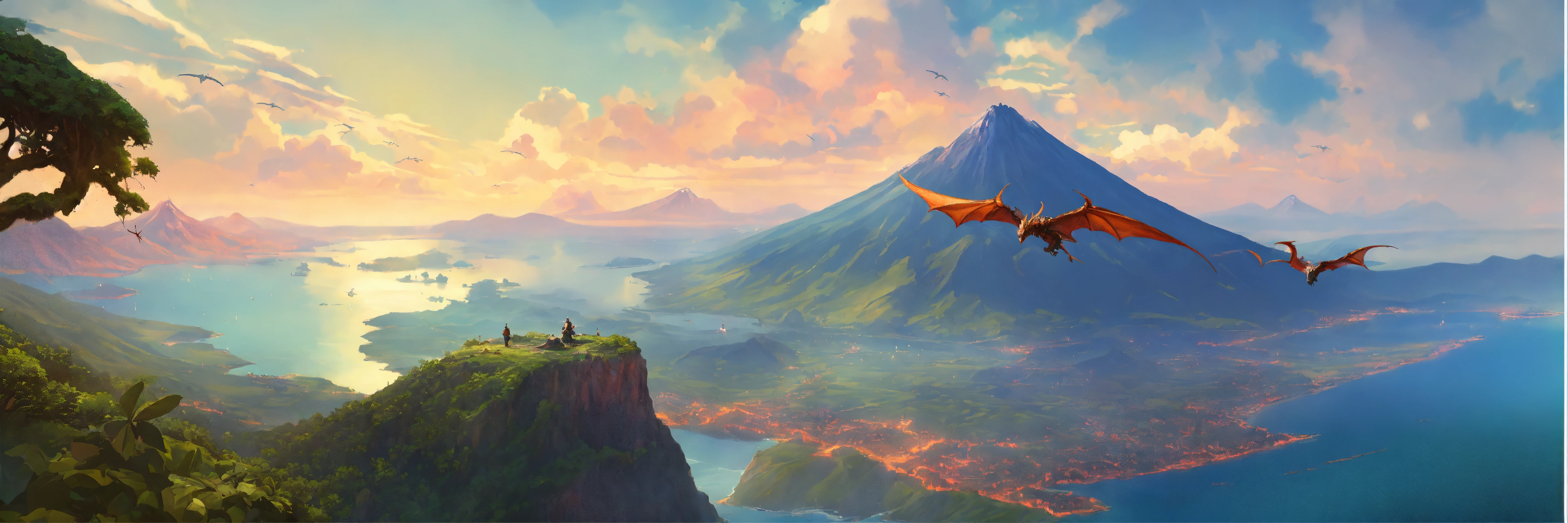 Lexica Distant Wyvern Flying Over Dormant Vulcano And Forested Island