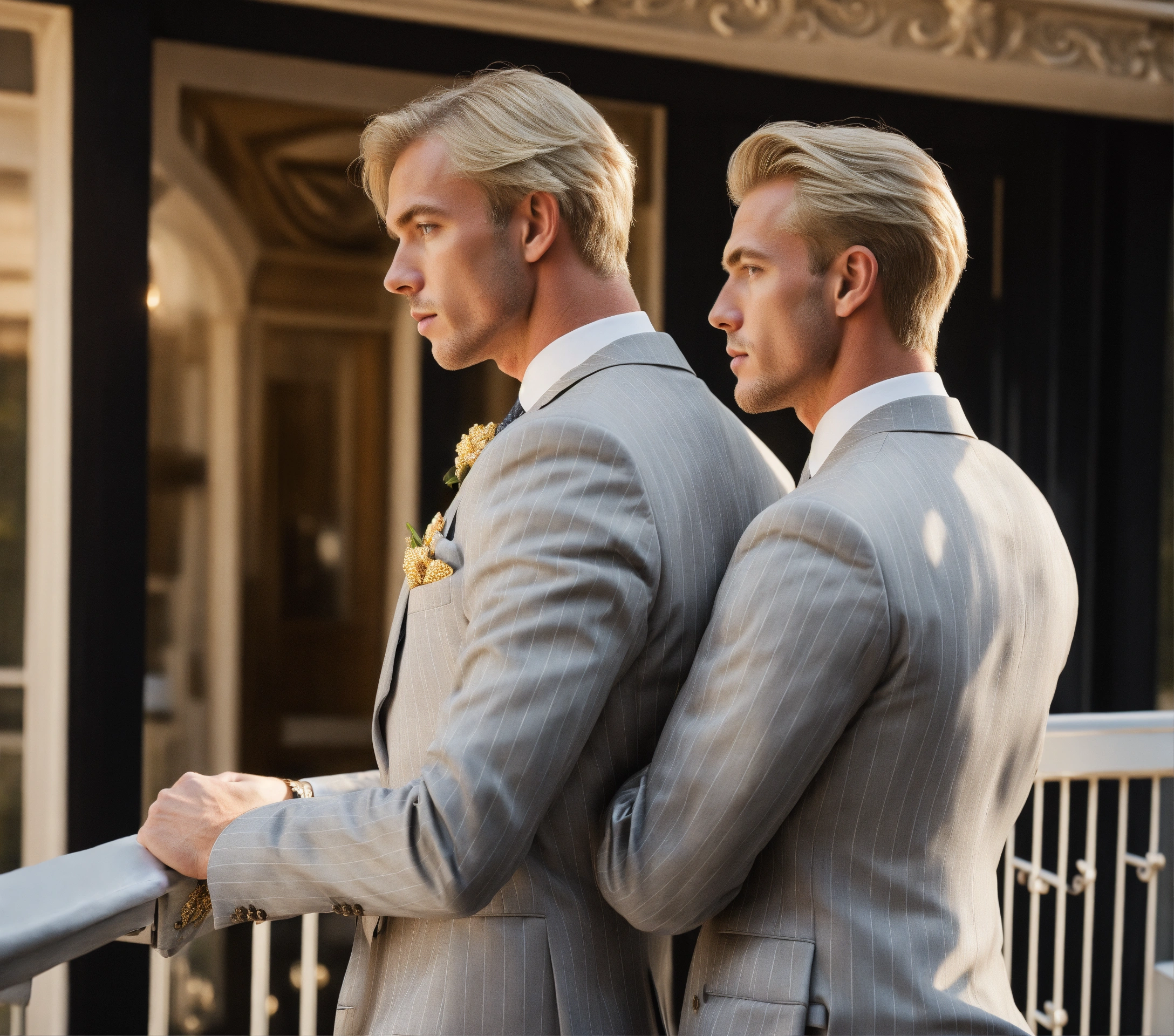 Lexica Two Blonde Male Gentlemen In Light Grey Pinstripe Suit Golden