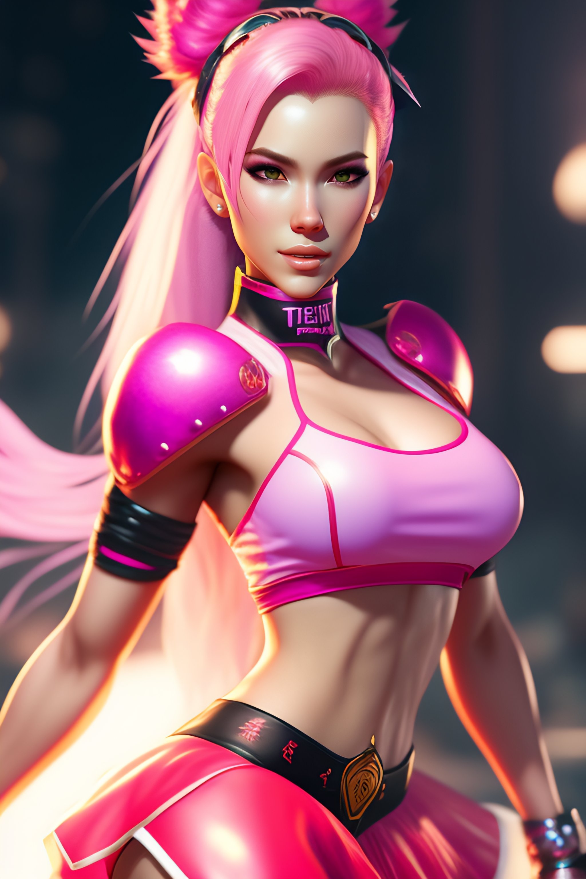 Lexica - Tekken 4 fighter anime Stunning Portrait Belle Delphine with Crop  top and pink skirt, Pink Shades, in a fighting stance, digital painting,  a...