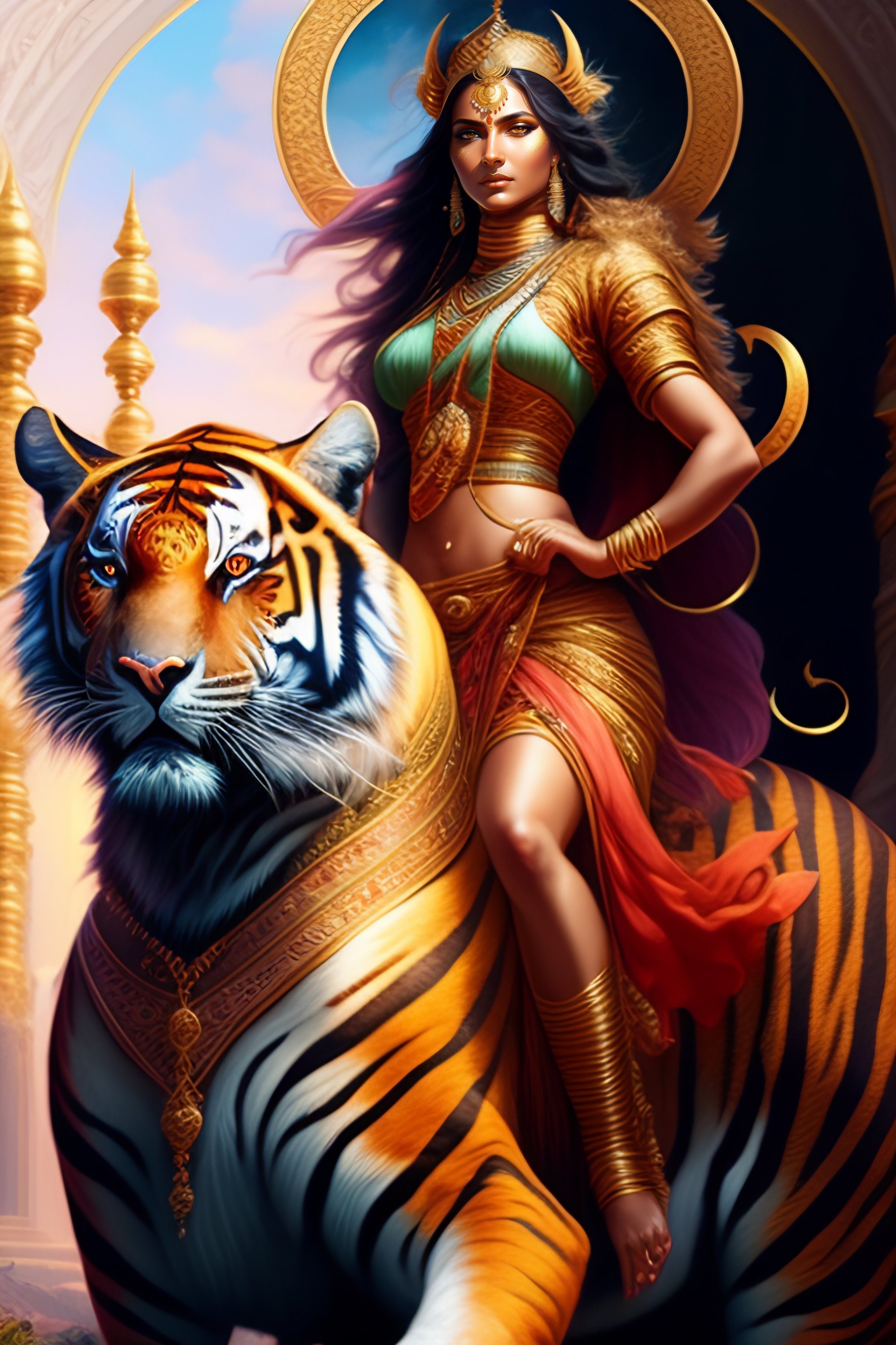 Lexica - Image of goddess durga riding tiger, d & d, beautiful,  renaissance, fantasy, intricate, elegant, hindu, highly detailed, digital  painting, a