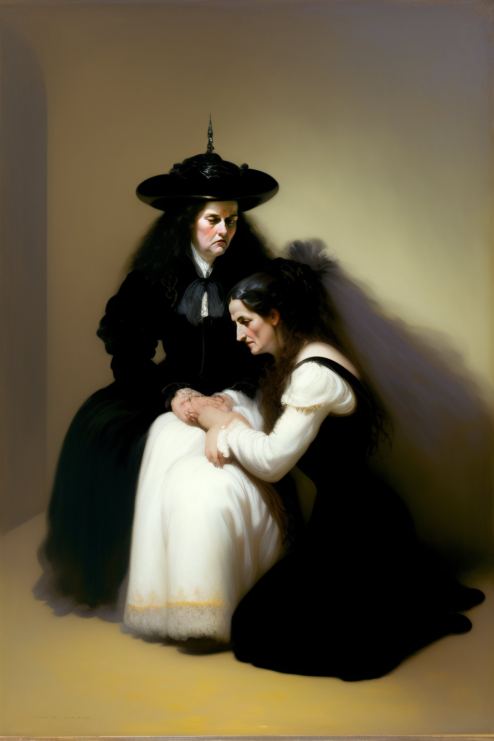 Lexica Two victorian witches, kneeling with black garbs, in an empty