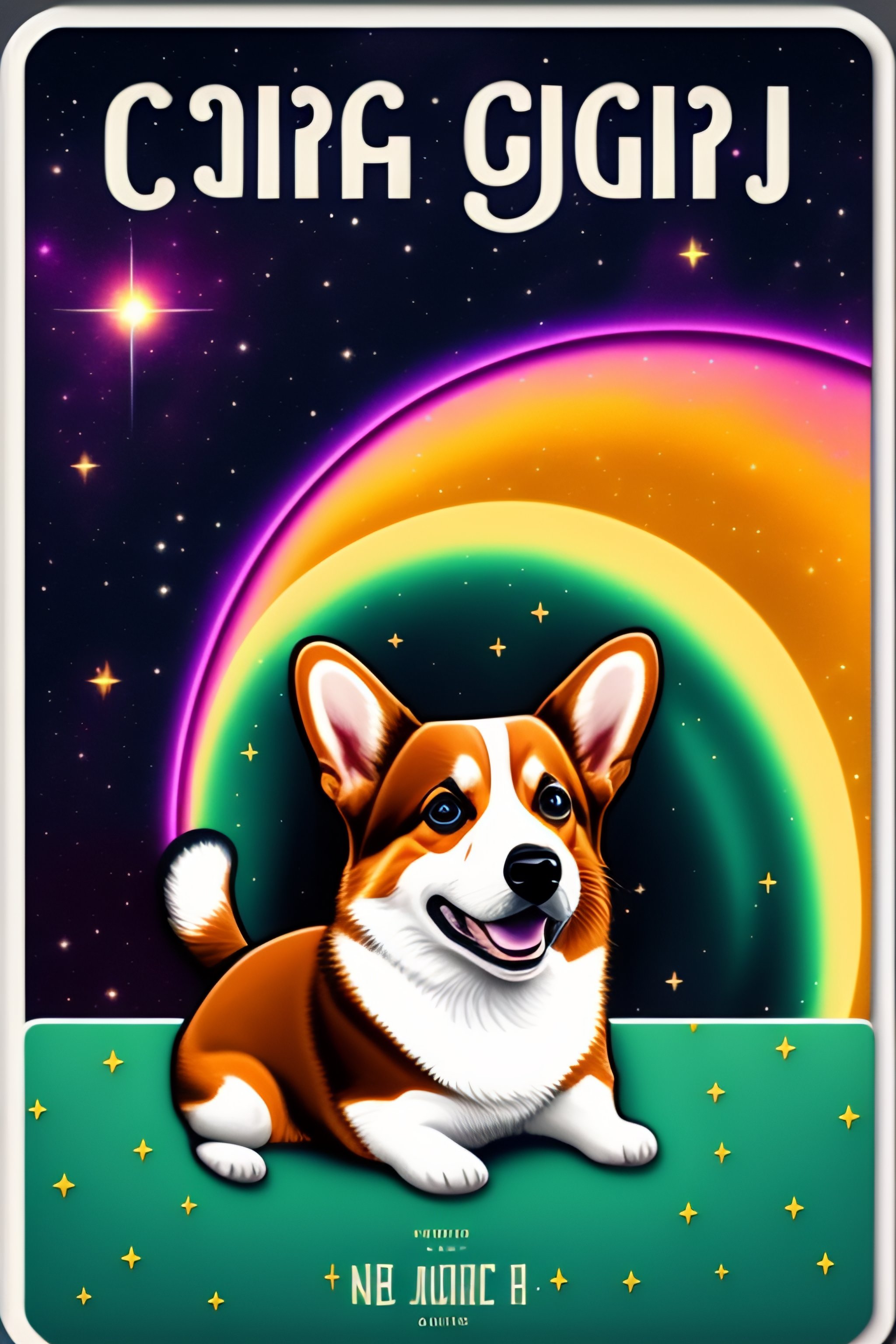 Lexica - Board game card with Corgi slashing alien spaceship by its paw,  some text on the bottom of the card, starry space background, fantastic  styl...