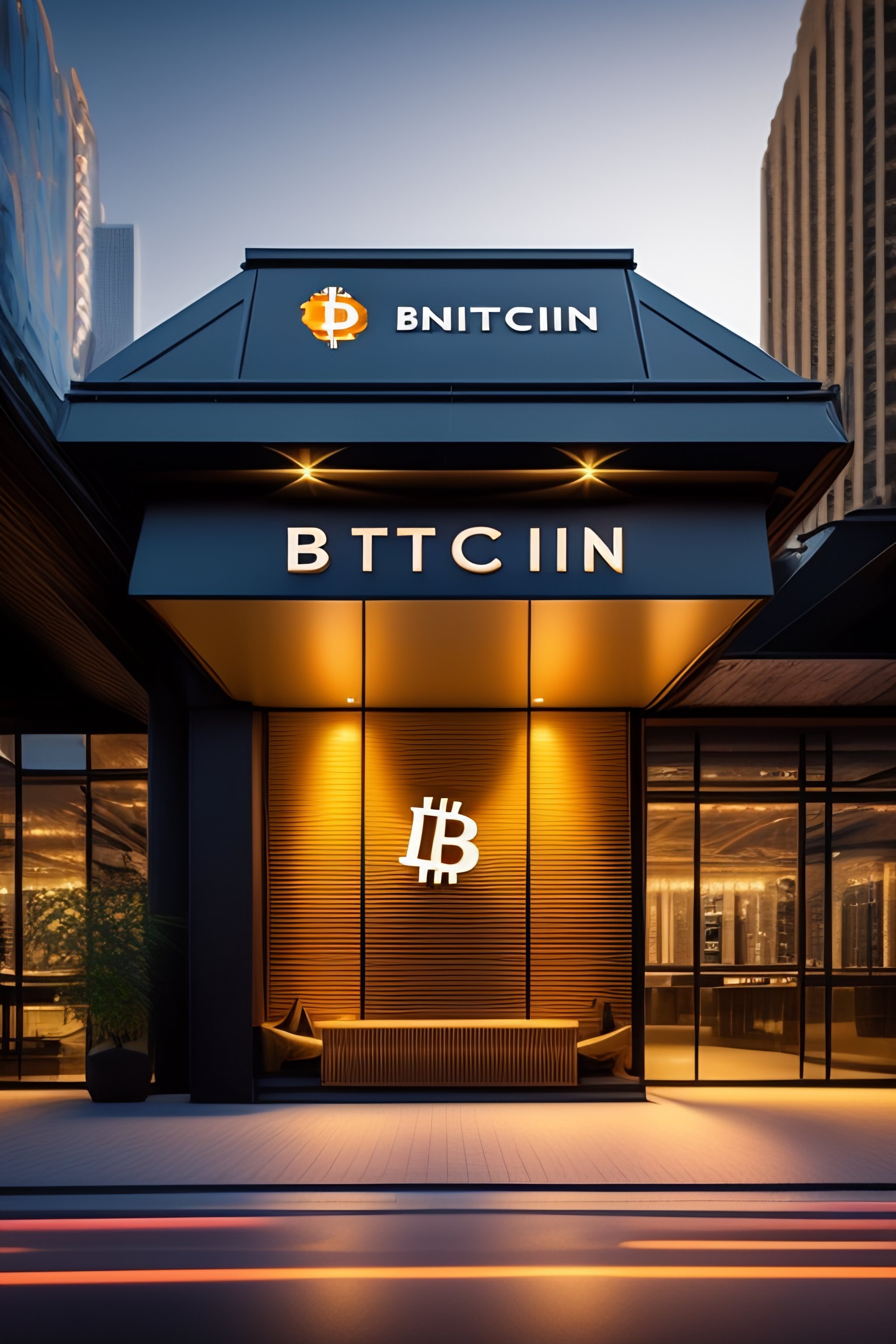 Lexica - PICTURE OF A BITCOIN HOTEL DOWNTOWN WITH BITCOIN LOGO