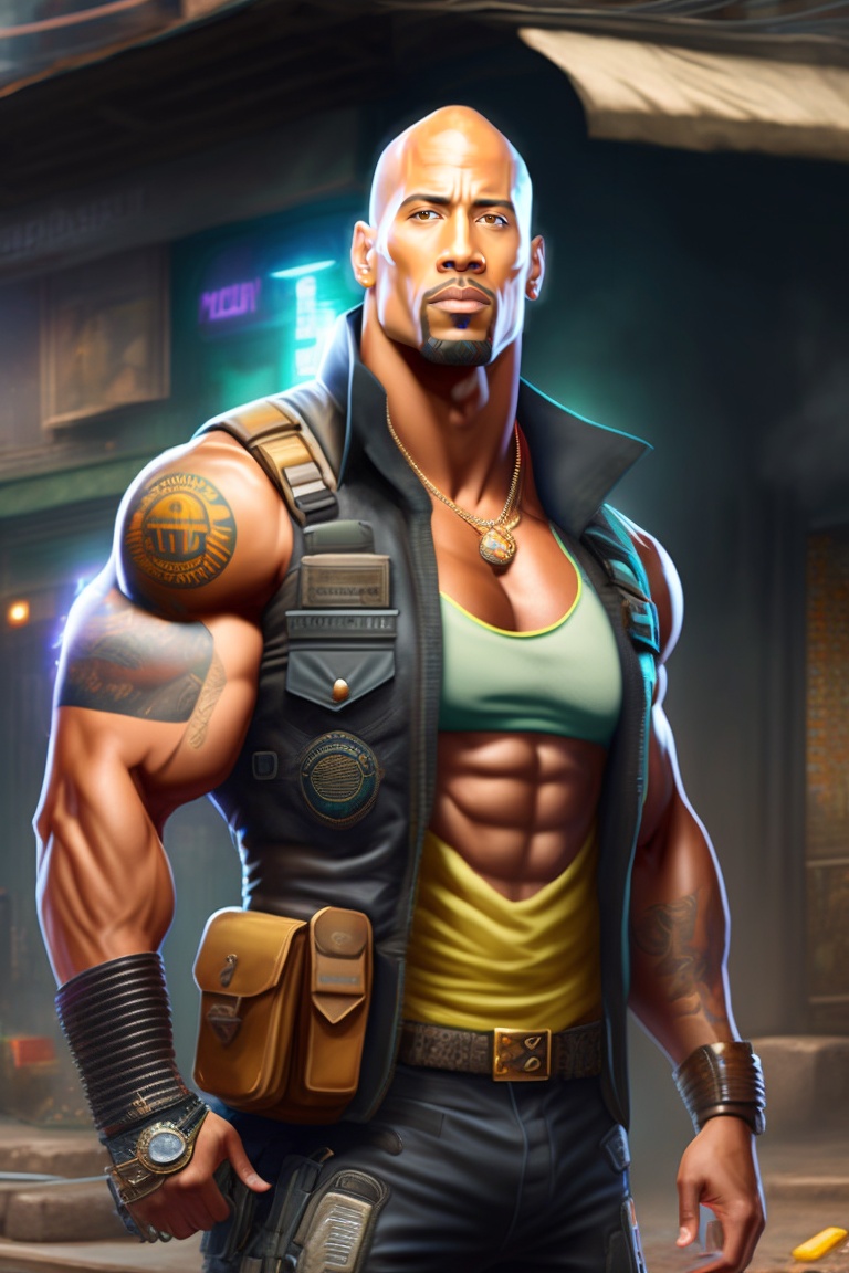 Lexica - Dwayne johnson, slum cyberpunk brazilian white man, holding a ...