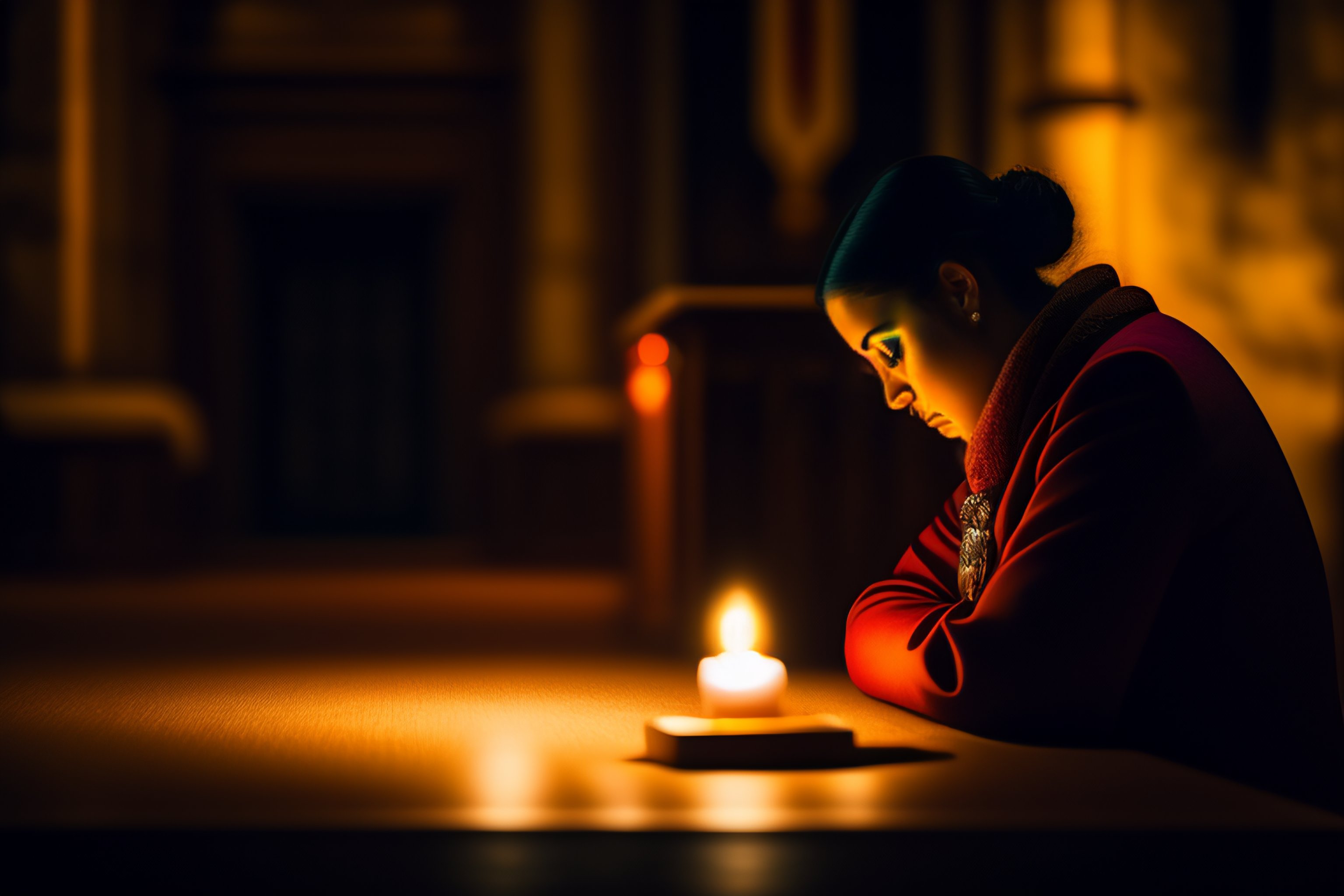 Lexica - Photo of a woman praying in a church in the dark, sharp focus ...