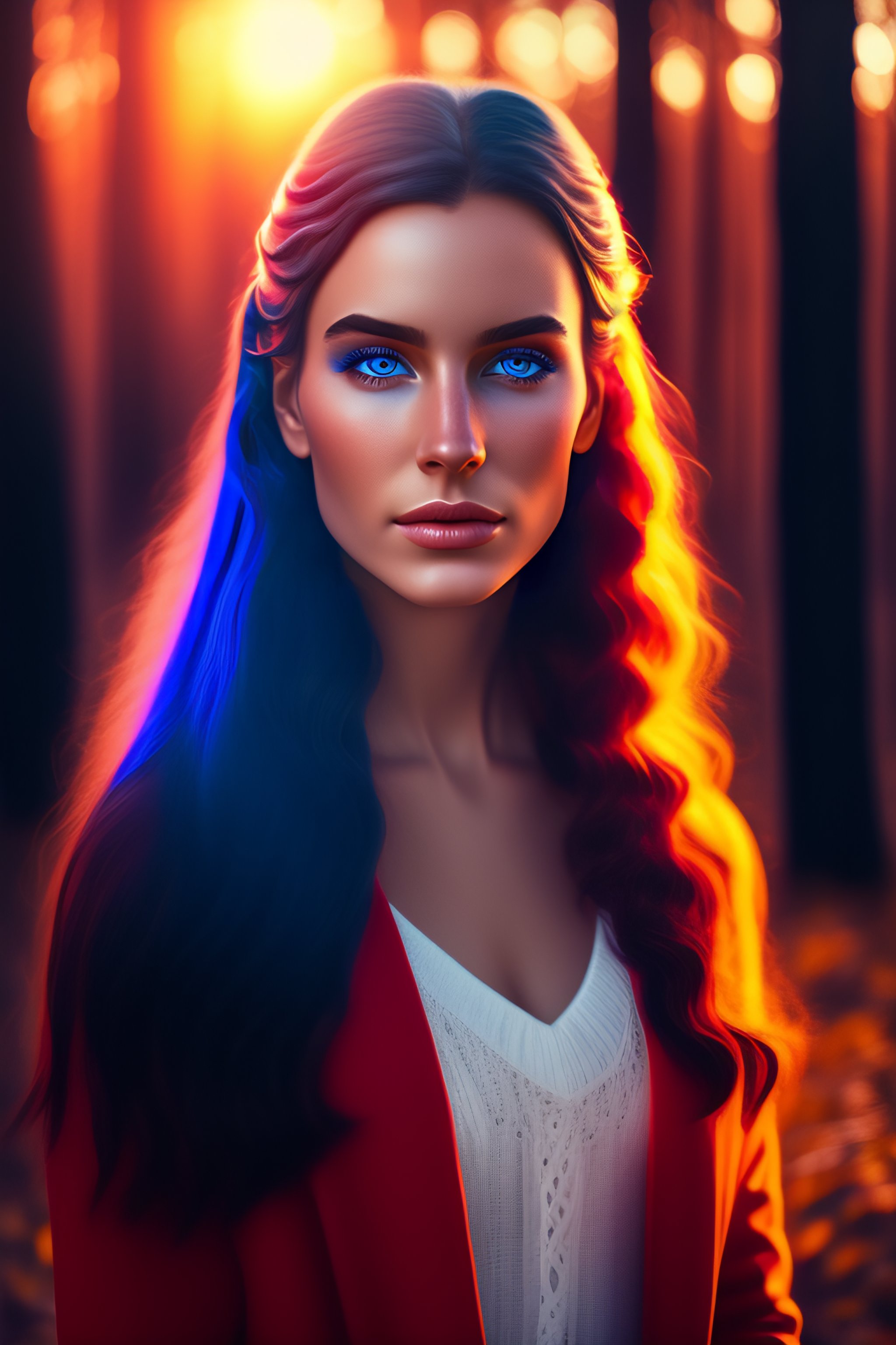 Lexica - Portrait of a girl with blue eys, in a beutiful forest, sunset ...