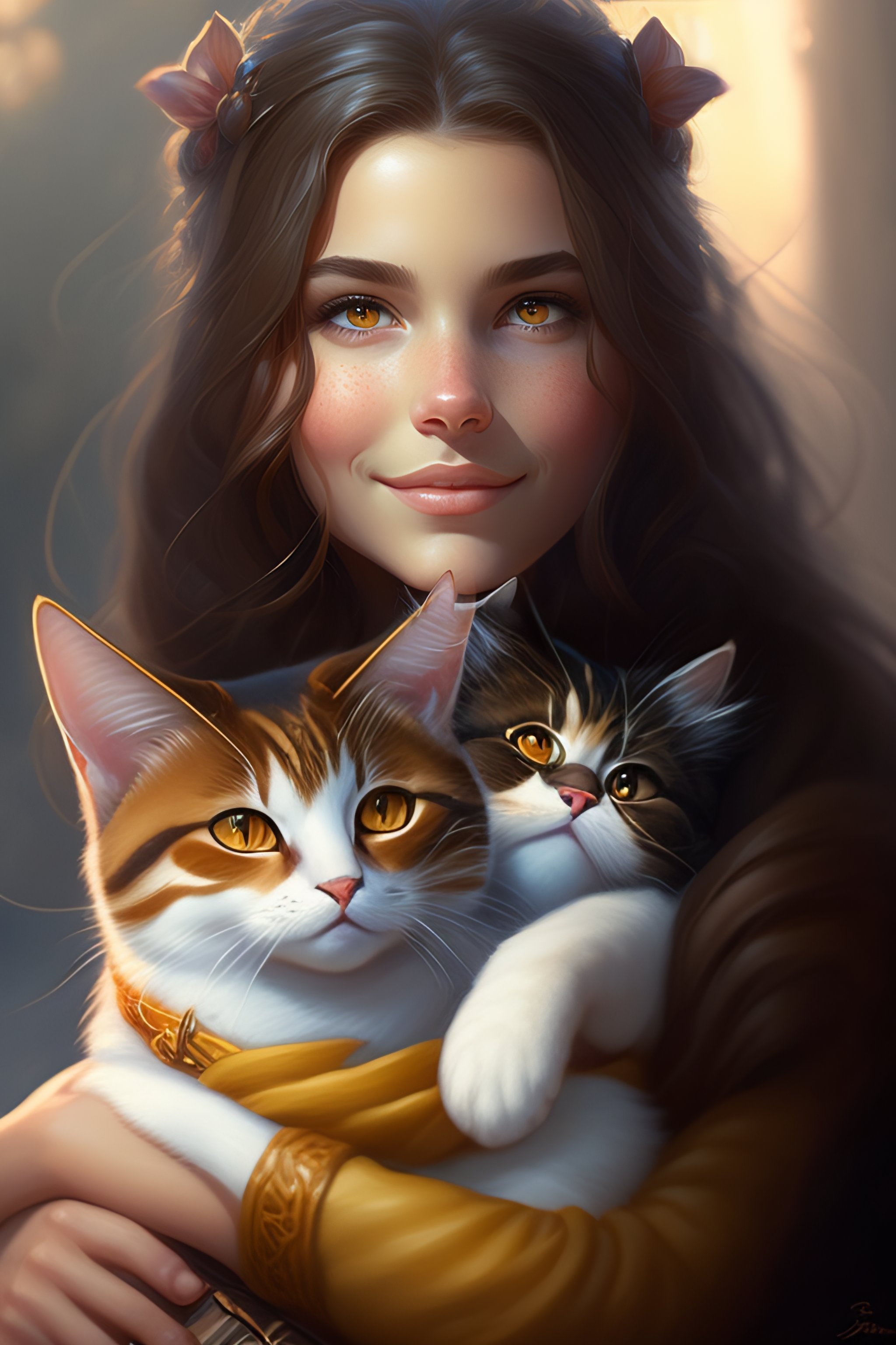 Lexica - A detailed portrait of a cute calm brunette girl hugging a ...