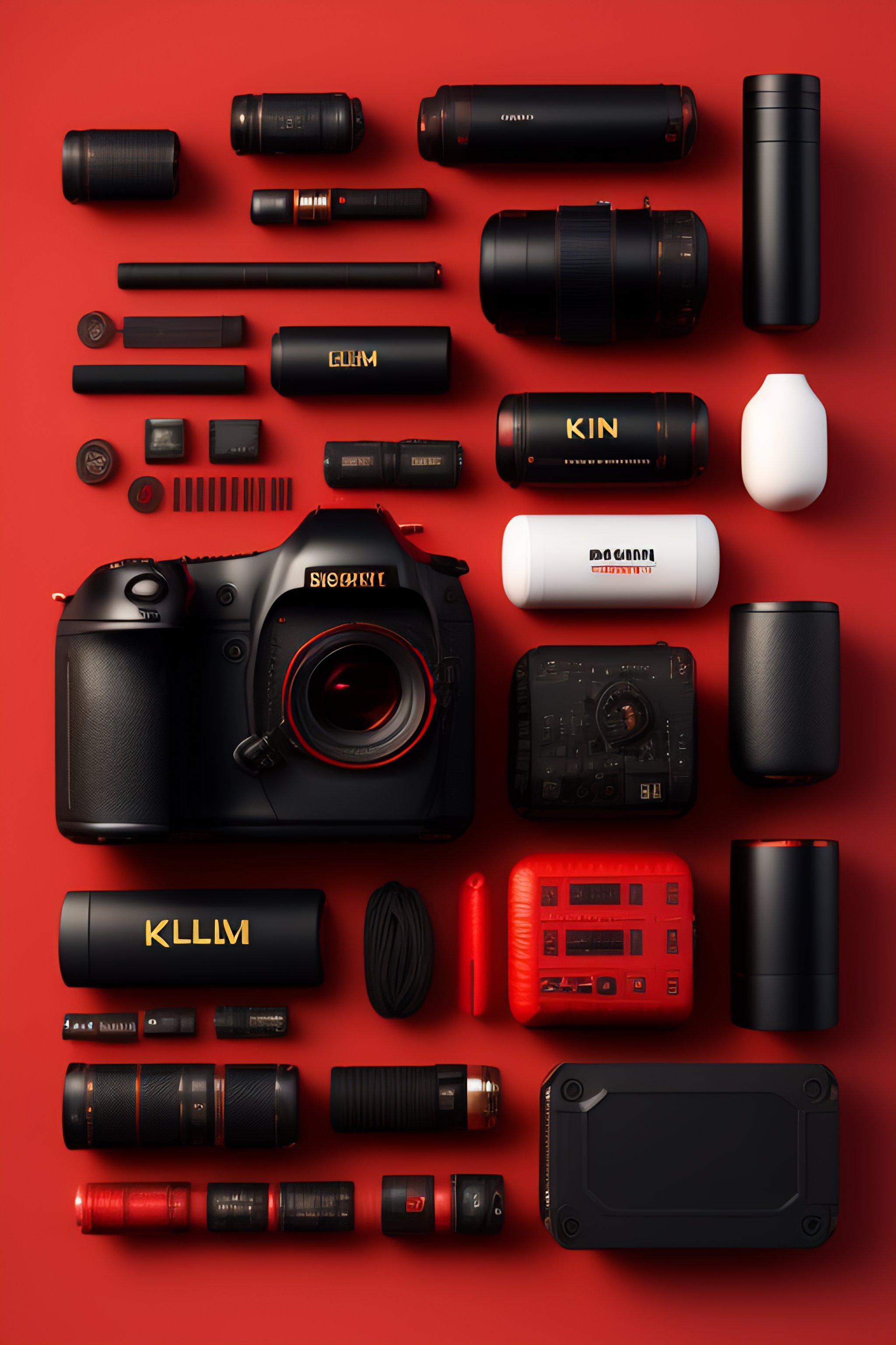 Lexica RED digital cinema camera, knolling, flat lay, natural