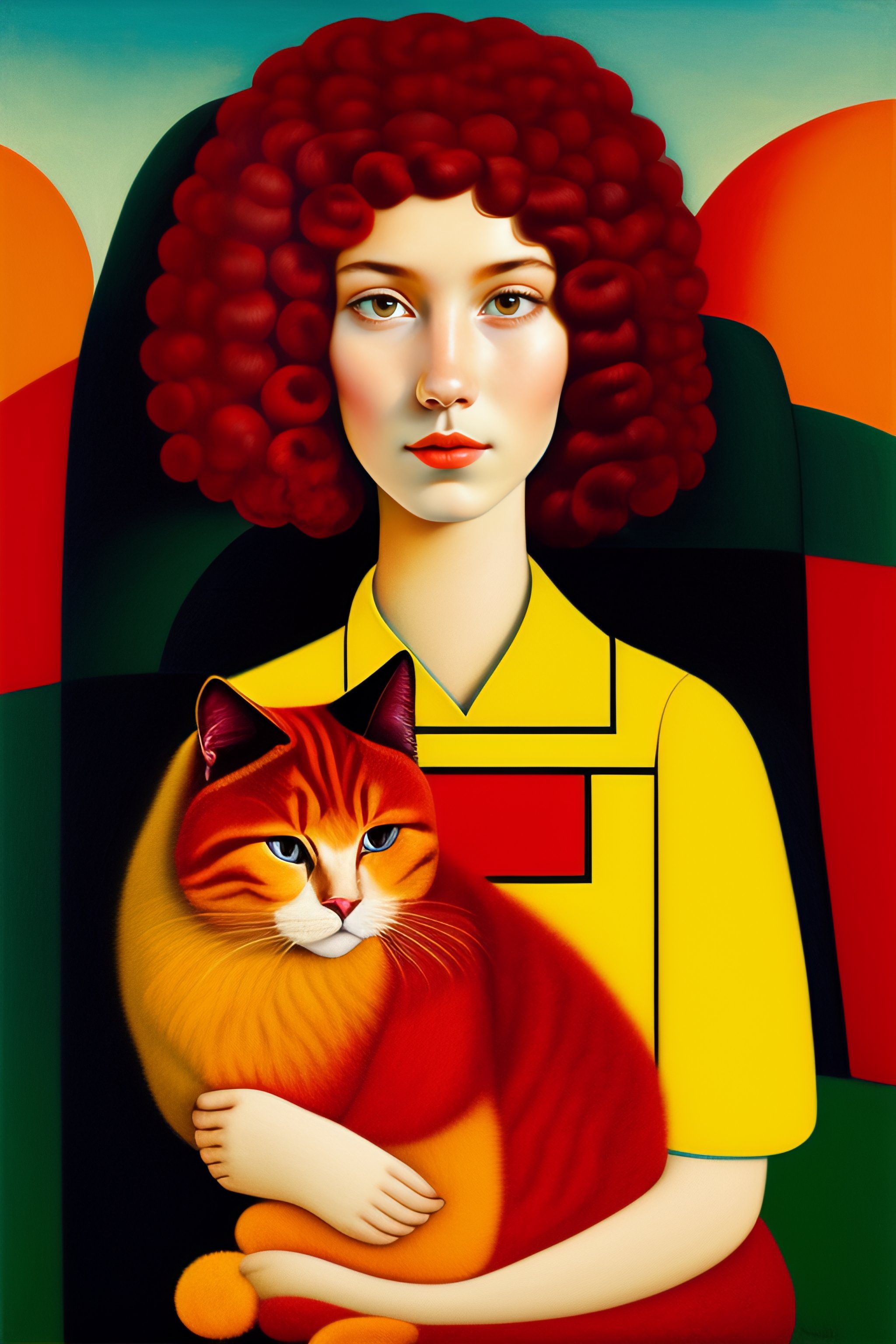Lexica A girl with red curly hair holds a red cat, twenty years old