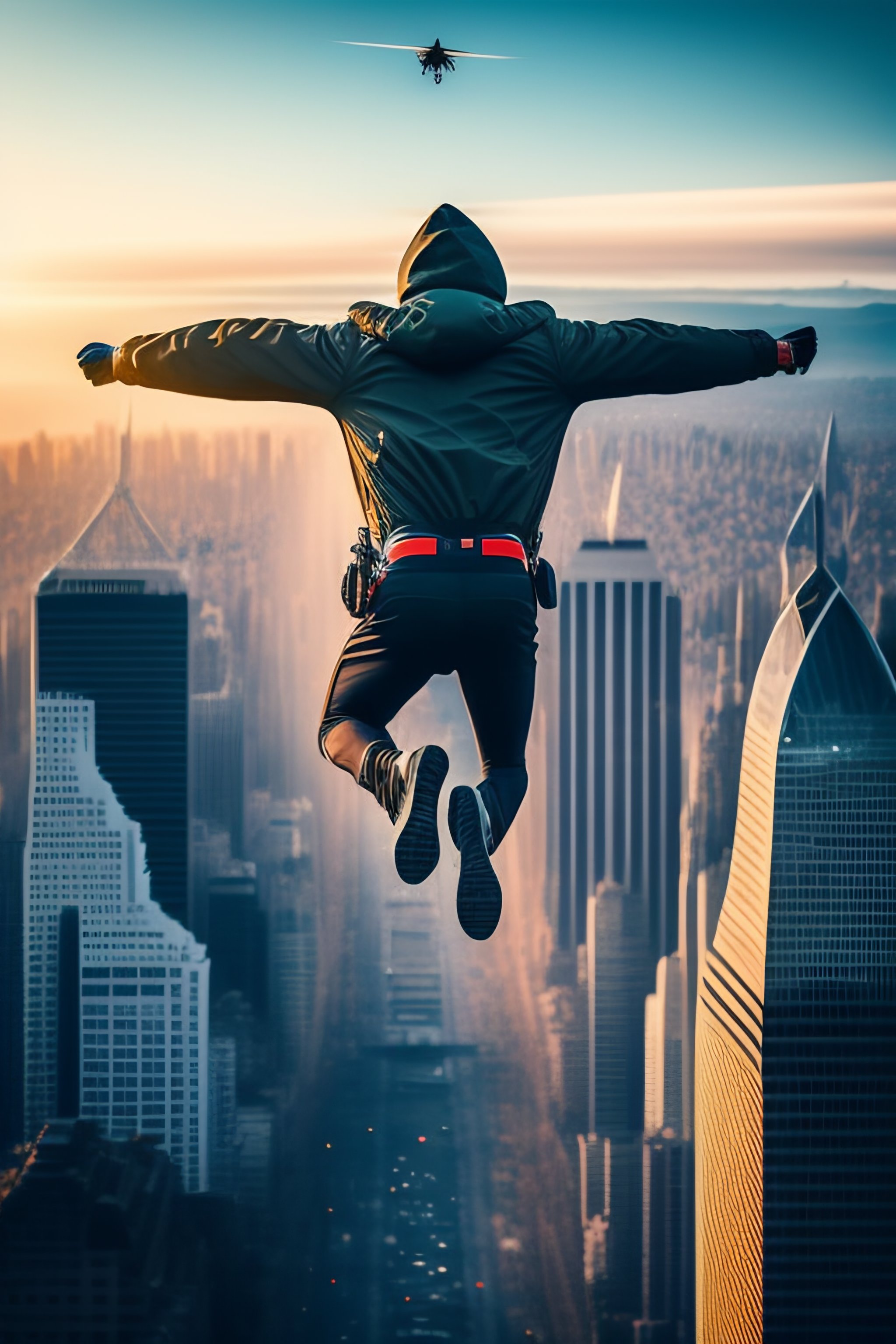 Lexica - A man flies through the sky over the city on a broomstick