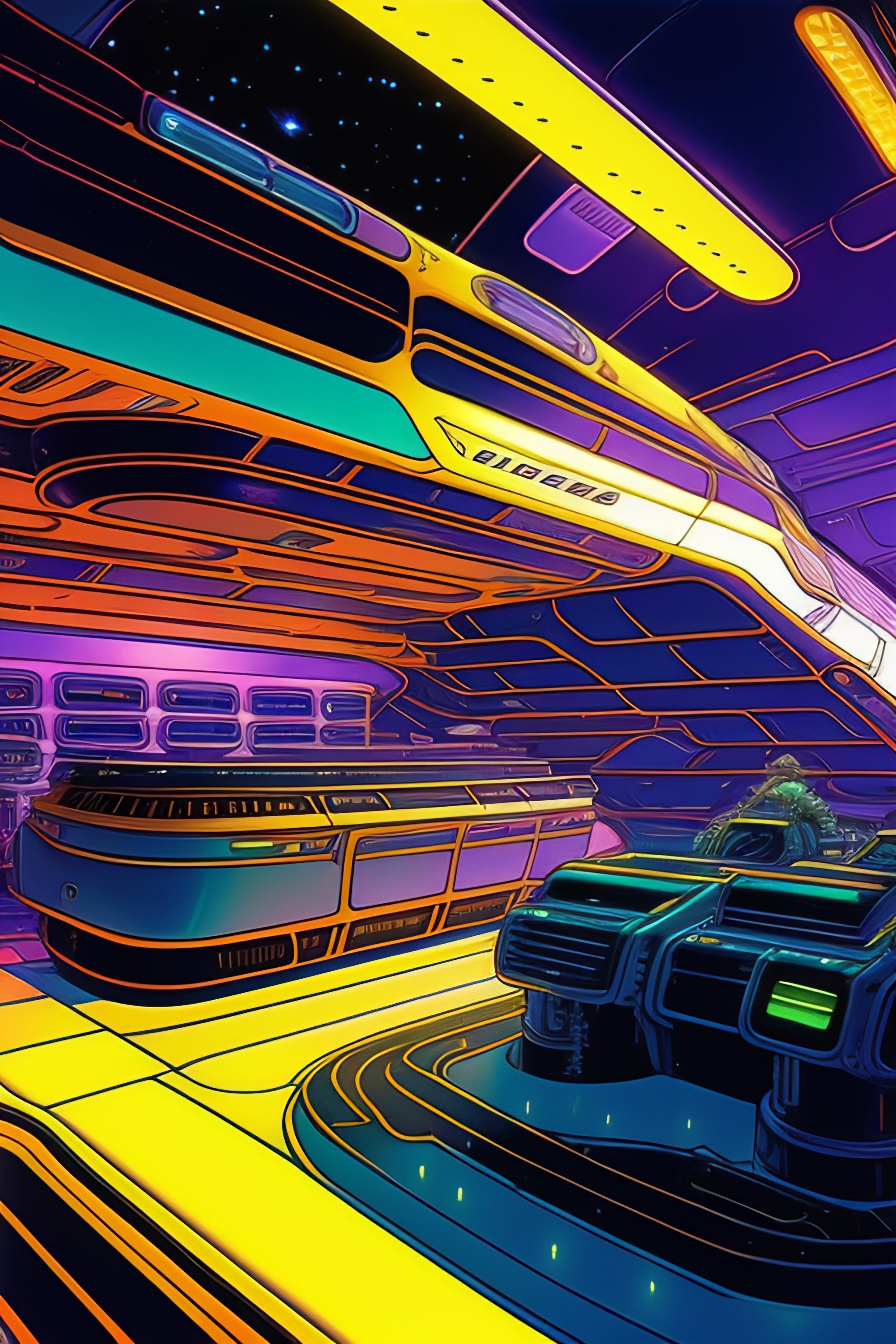 Lexica - Cluttered starship interior; captain piloting a starship; by ...
