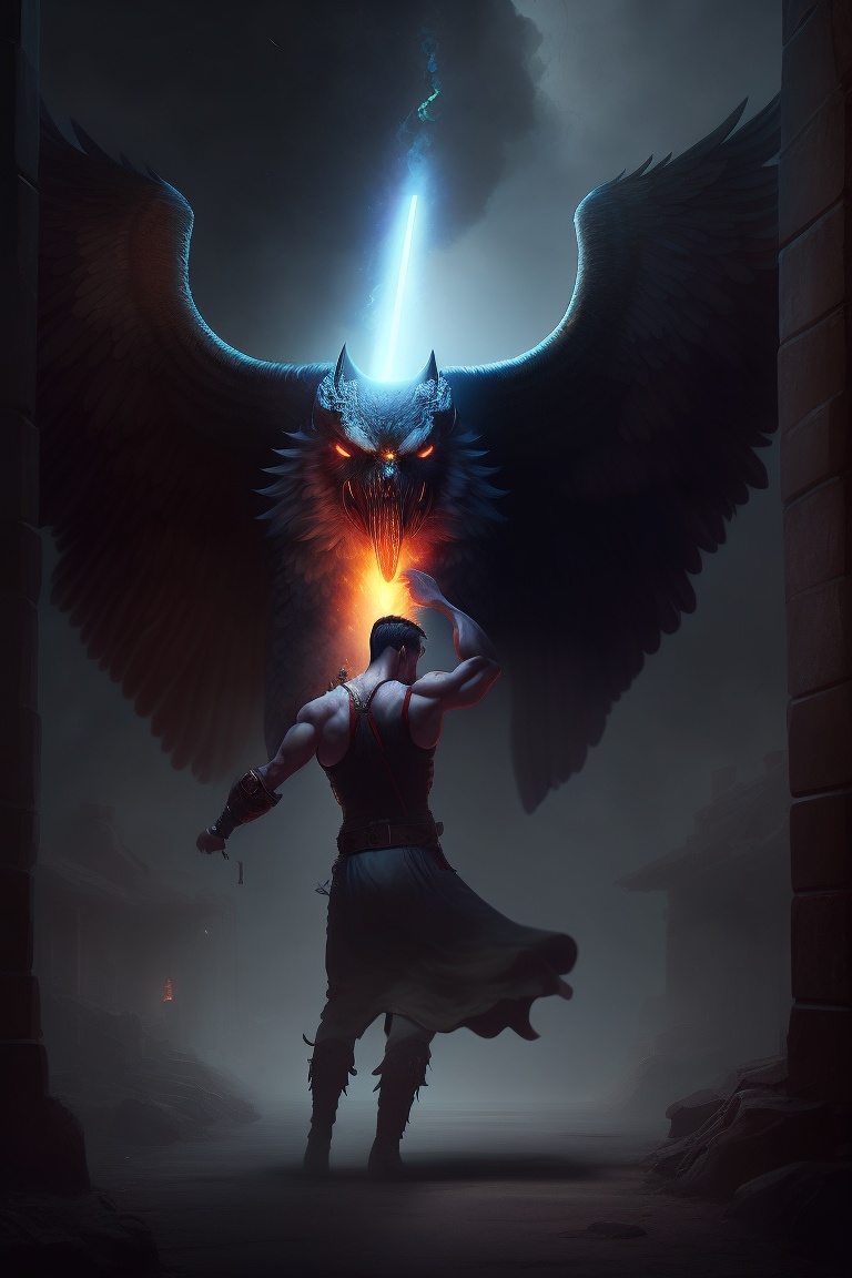 Lexica - An angel killing a demon in a dark scary place
