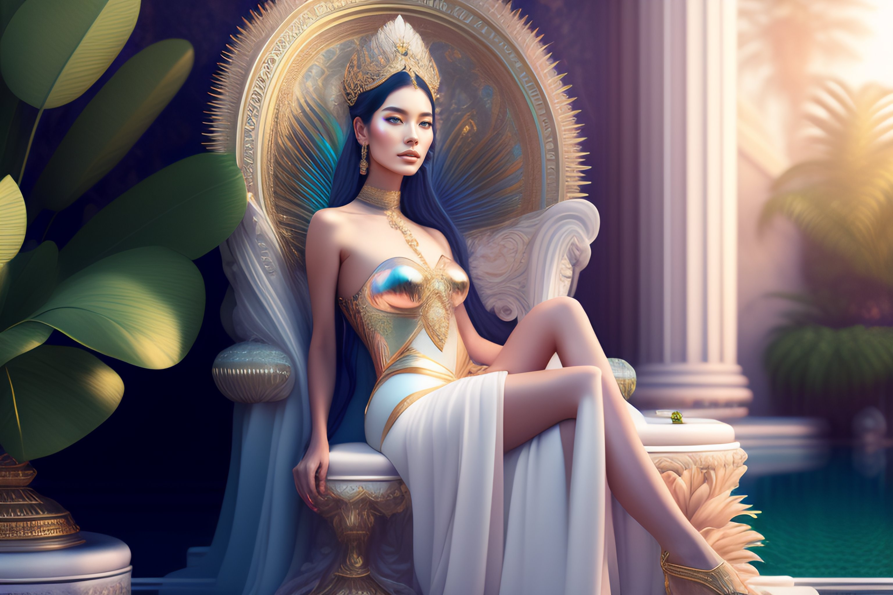 Lexica Beeple Masterpiece Hyperrealistic Surrealism Beautiful Pale Goddess Sitting On An