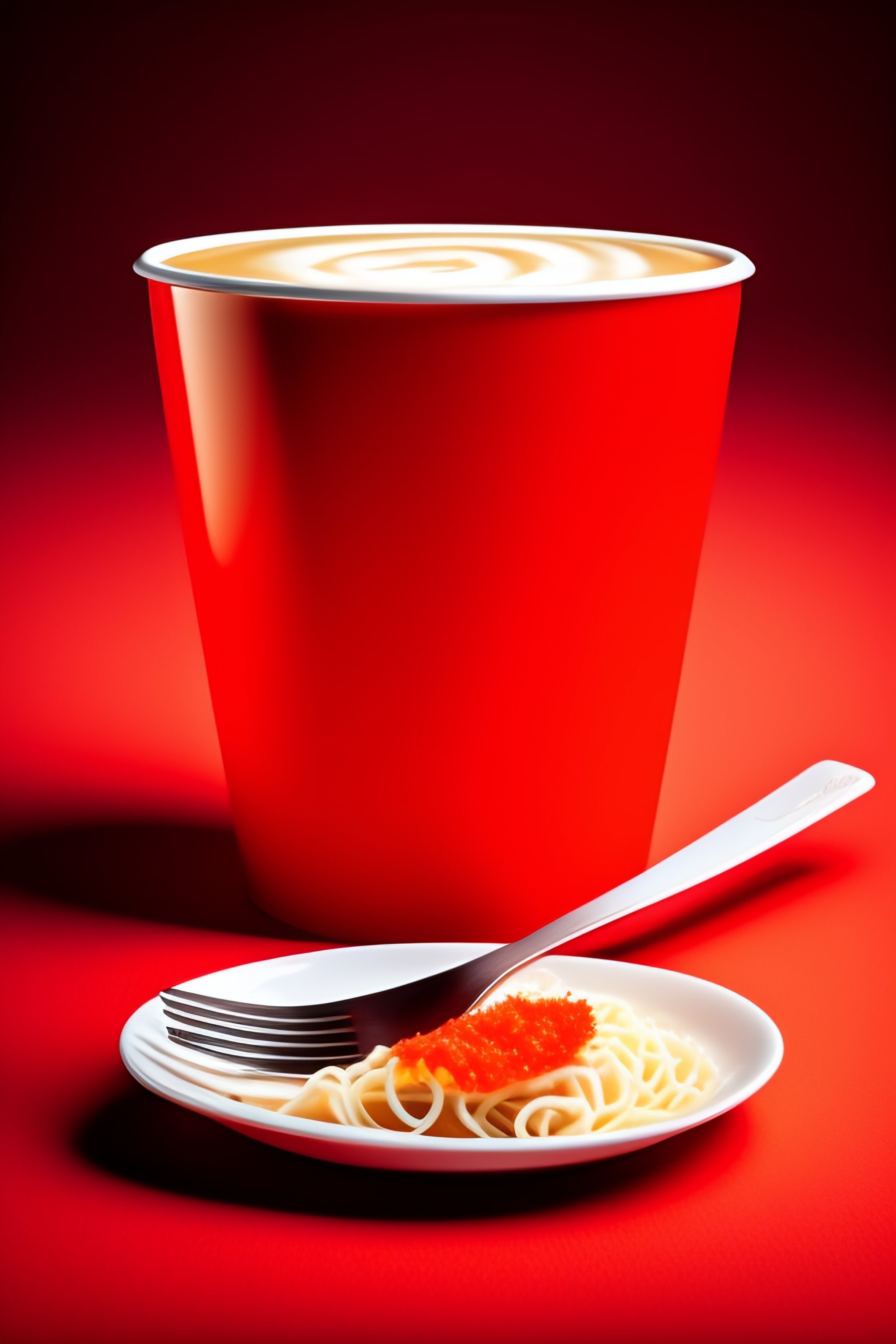 Lexica Red background, white foam cup noodles eating with fork