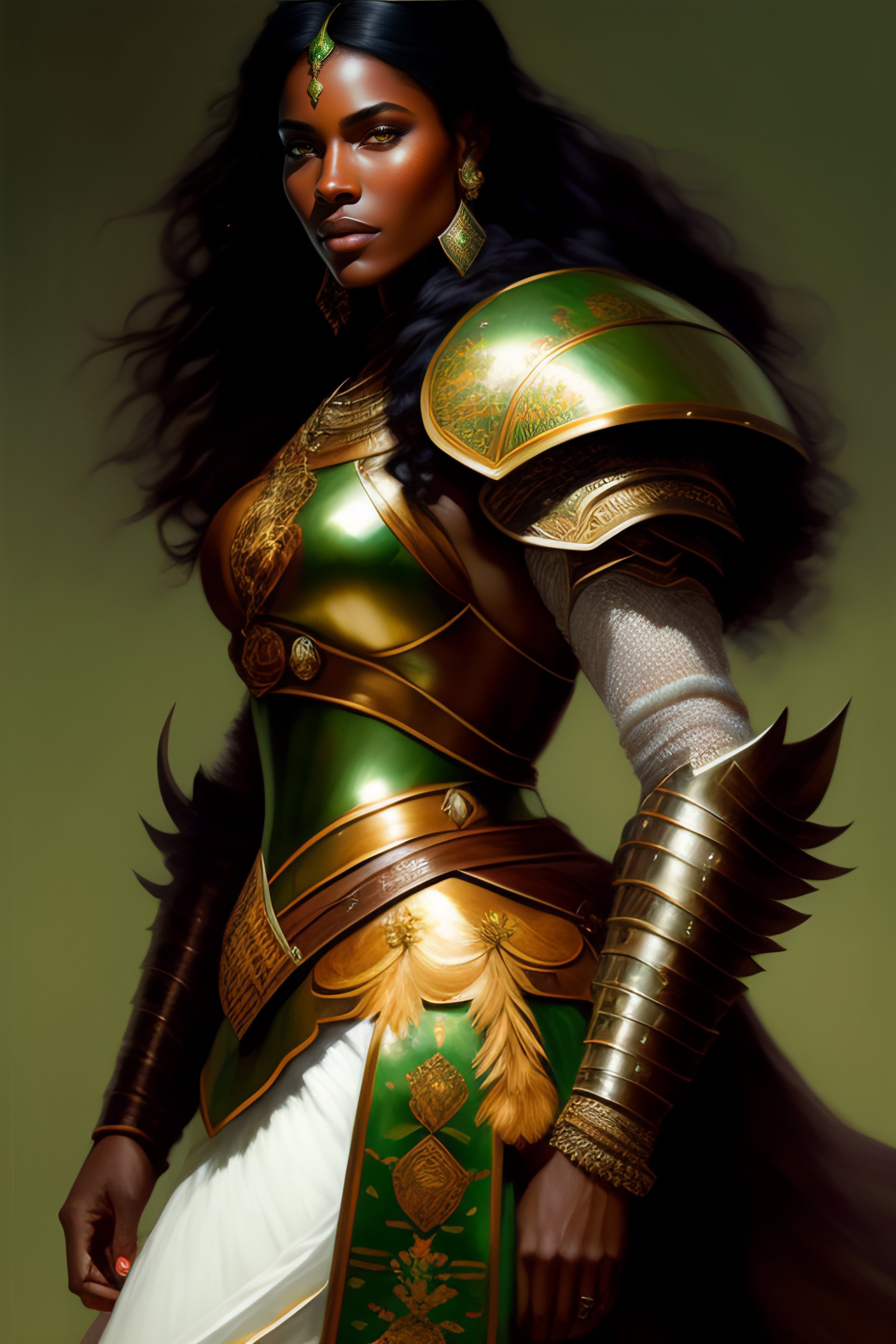 Lexica - Full body portrait of a rugged female warrior dark skin medium ...