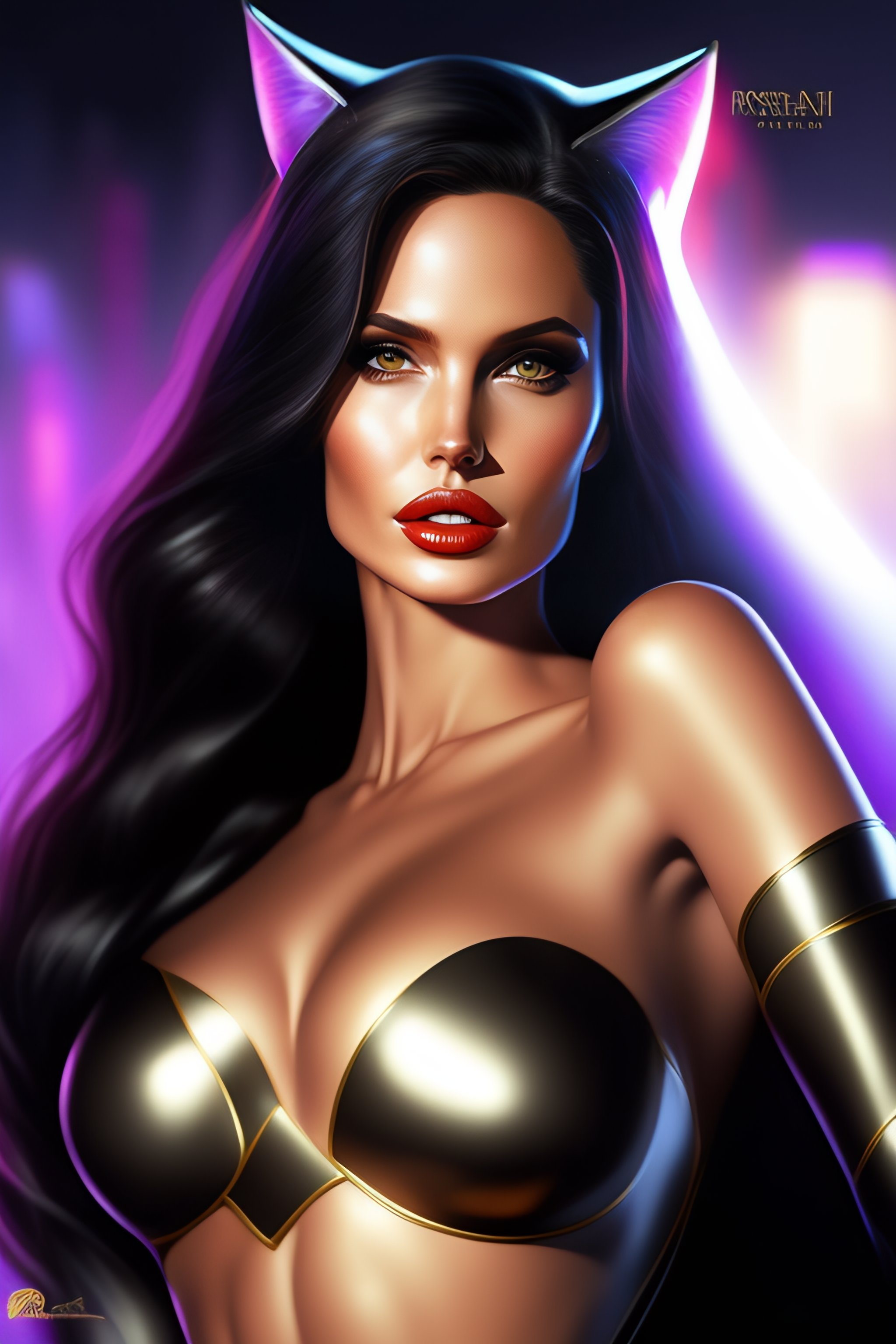 Lexica - Young Angelina Jolie as the cat woman, DC Comic characte, elegant,  glowing lights, waist to top, hights detailed, digital painting, artstati...