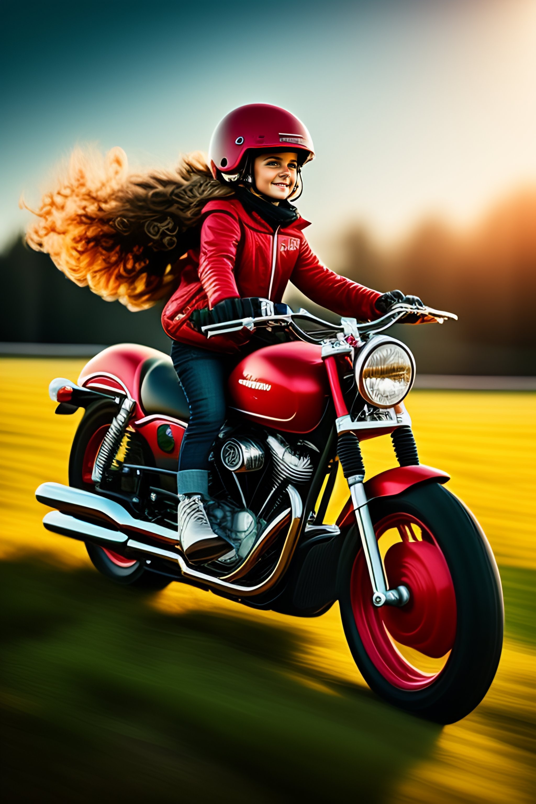 Lexica - Girl rides across the field on a red motorcycle