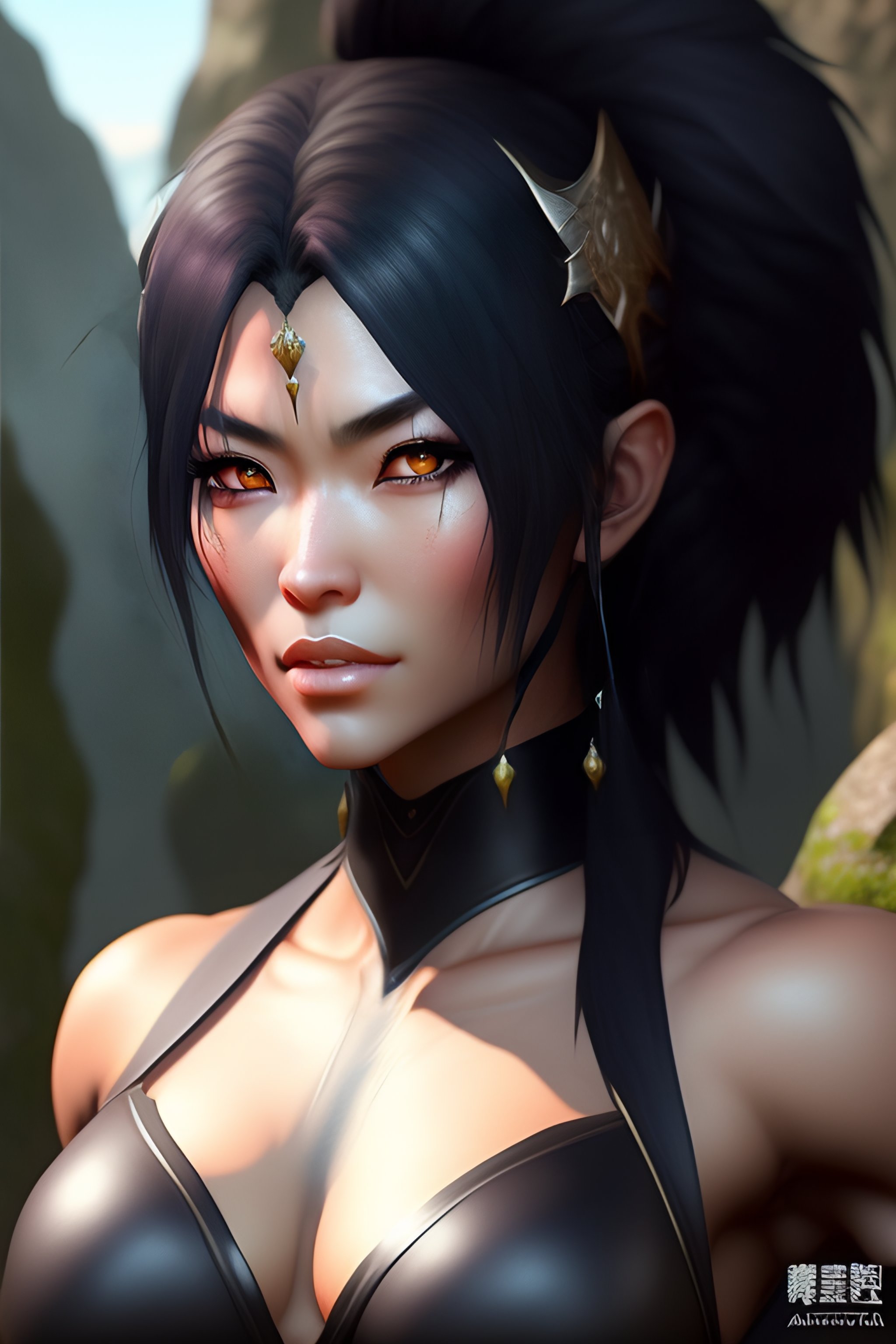 Lexica - Realistic anime female orc with charcoal hair by a cave, full body  pose, intricate detail, digital portrait by artgerm and makoto shinkai, h...