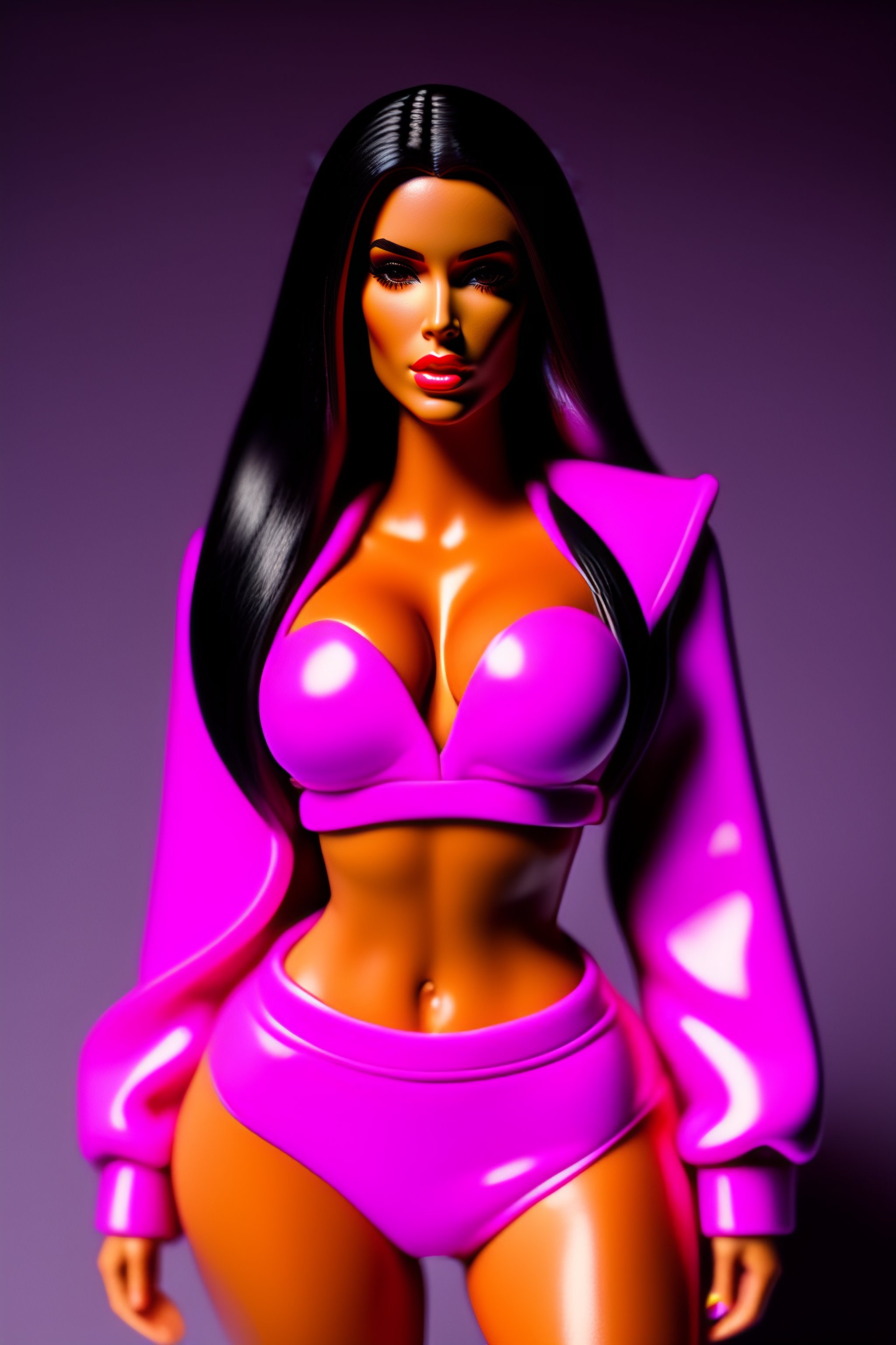 Lexica - Madison beer plastic tight barbie doll body, pretty detailed face,  shorts and pink top, tight abs, 1988 product photography, plain backgroun