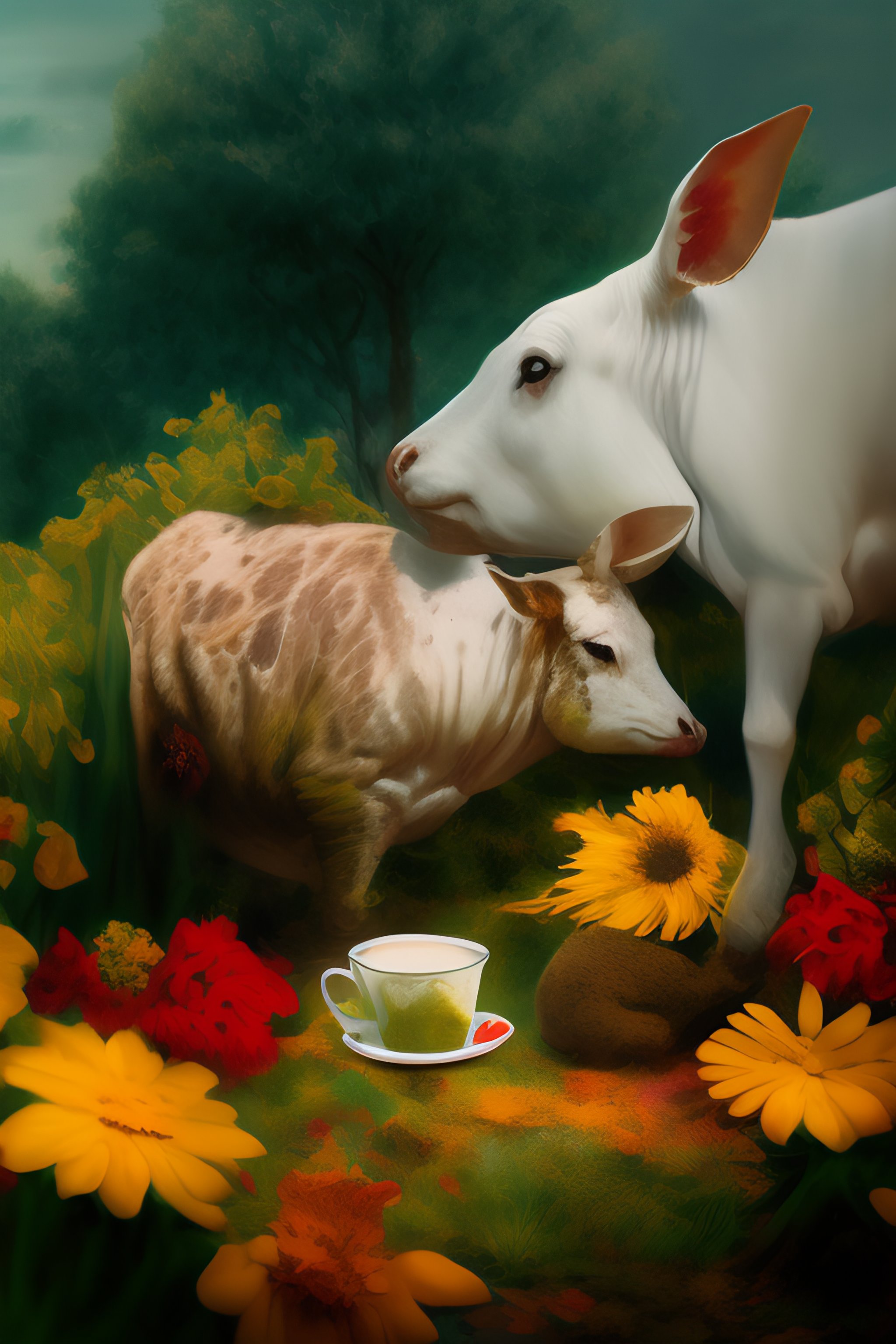 Lexica - A turtoise, and a cow, drinking a cup of tea in a flower field