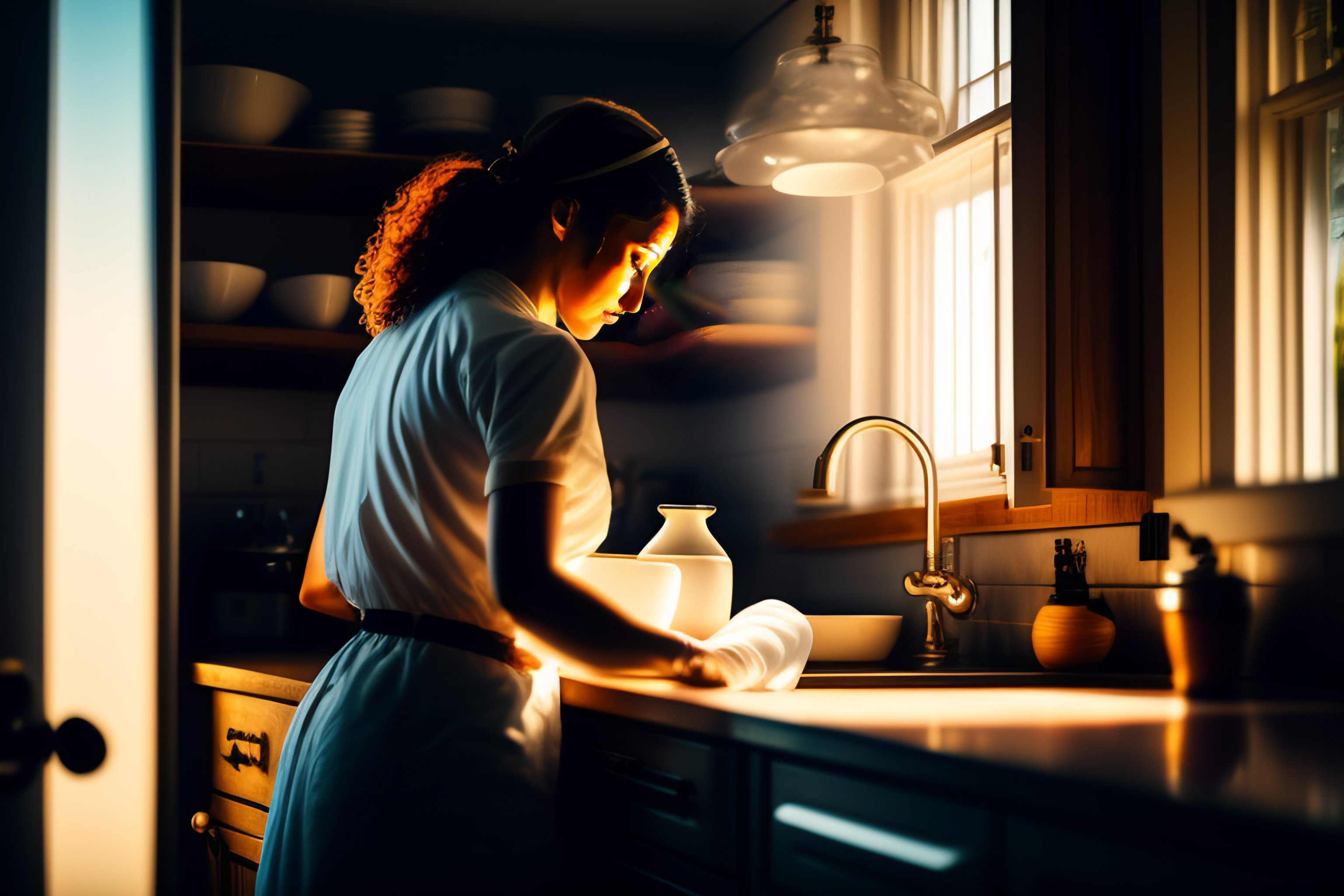 Lexica Exhausted Swearing Woman Cleaning Dishes Cinematic Light 