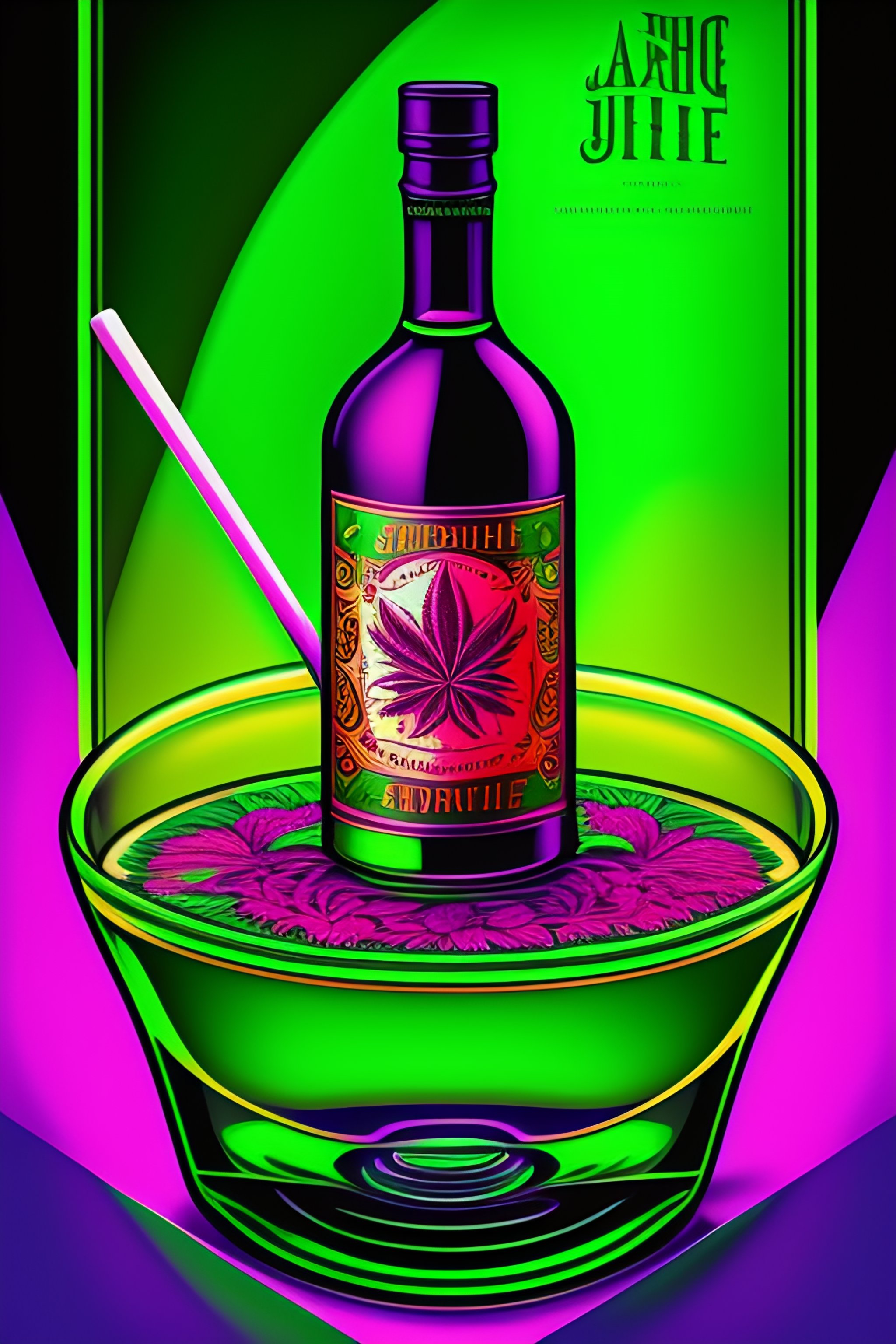 Lexica - Absinthe poster, cannabis, green and pink, cartoon, line art ...