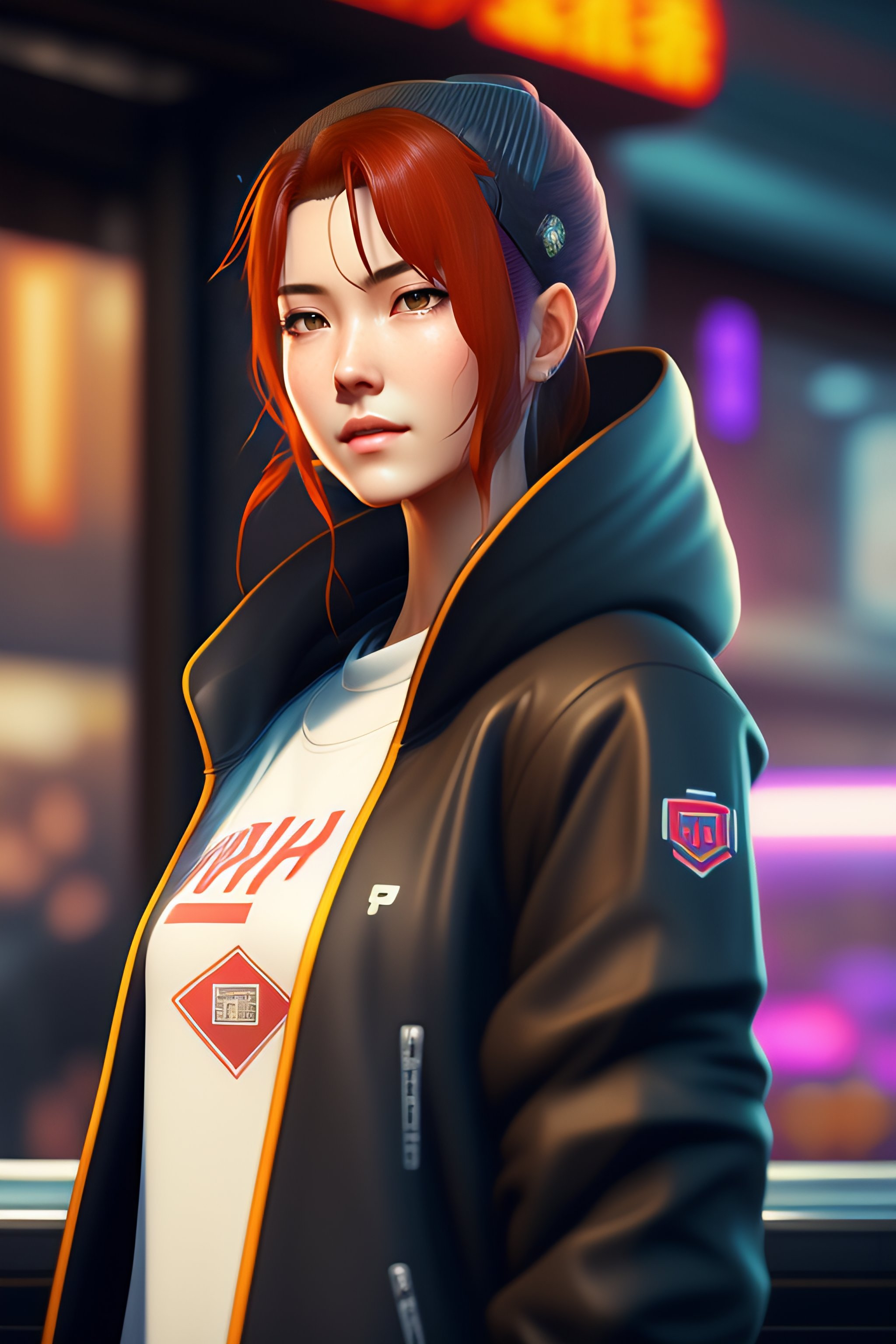 Lexica Cyberpunk City Setting Realistic Young Anime White Woman Wearing A Hoodie Under A 9711