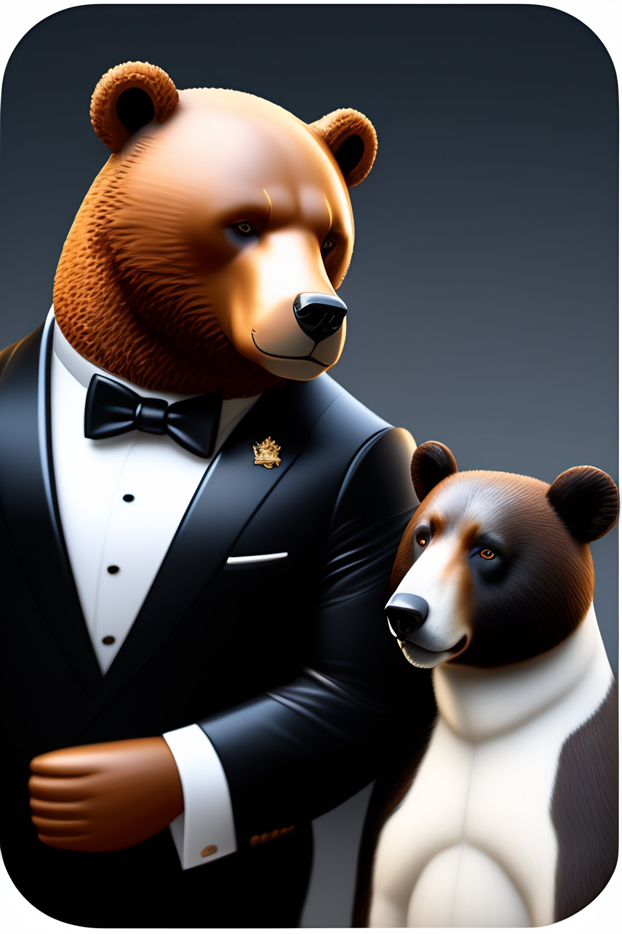 Lexica Anthropomorphic bear in a bodyguard black suit taking care of