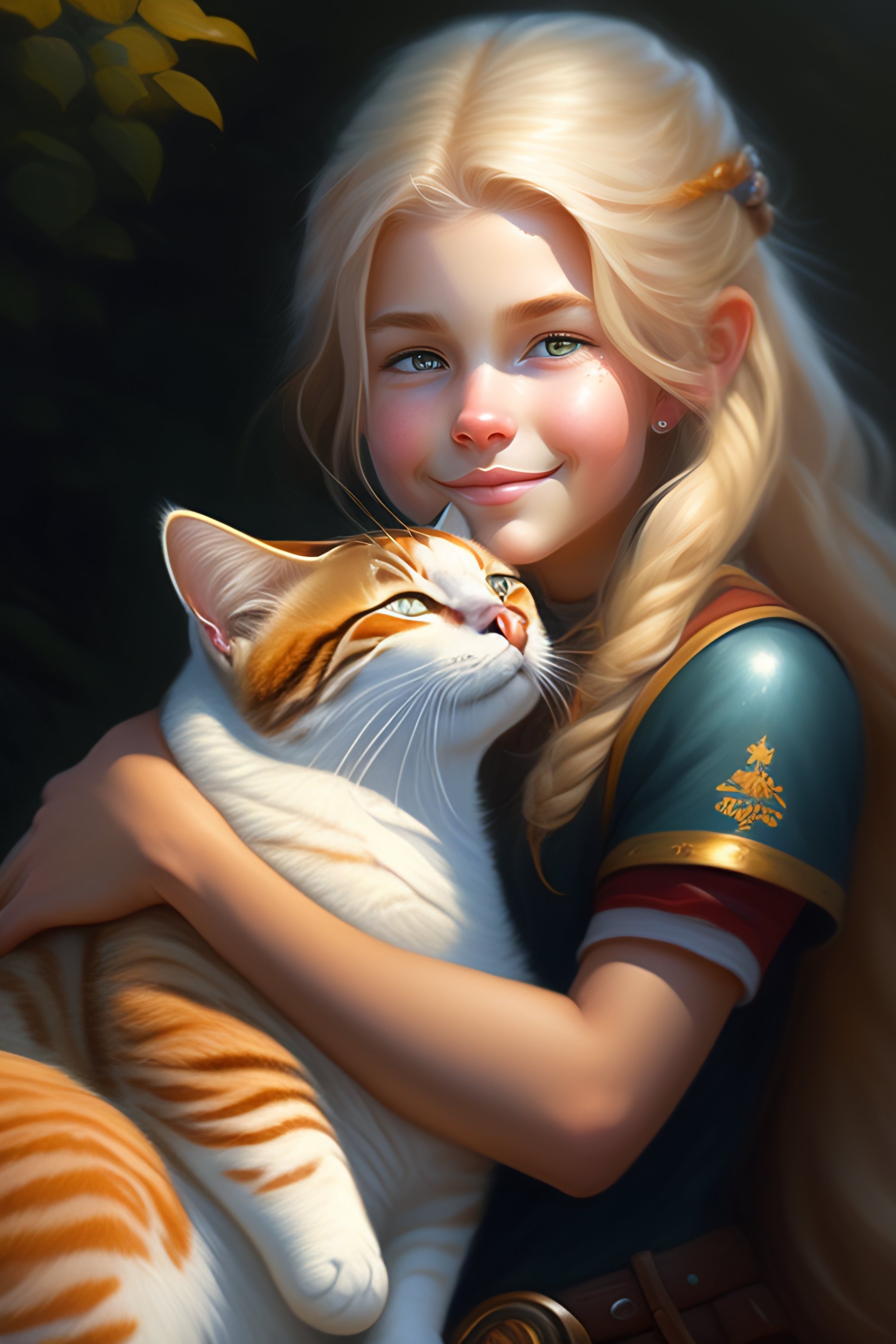 Lexica - A detailed portrait of a cute calm blonde girl hugging a tabby ...
